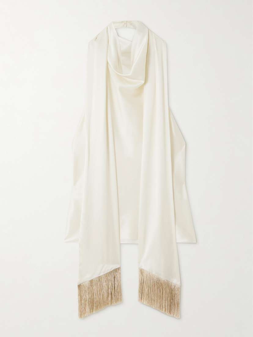 Nina Ricci Fringed Scarf-detailed Draped Satin Halterneck Top