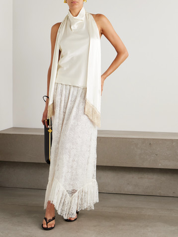 Nina Ricci Fringed scarf-detailed draped satin halterneck top