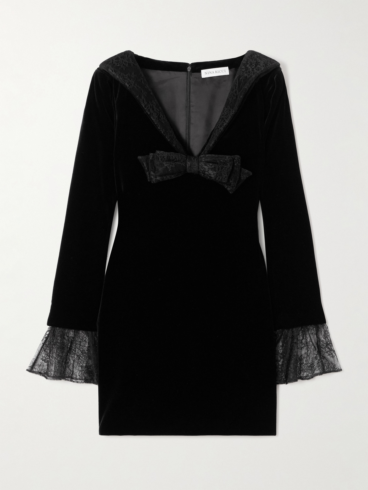 Nina Ricci Bow-detailed Lace-trimmed Cotton-velvet Mini Dress In Black