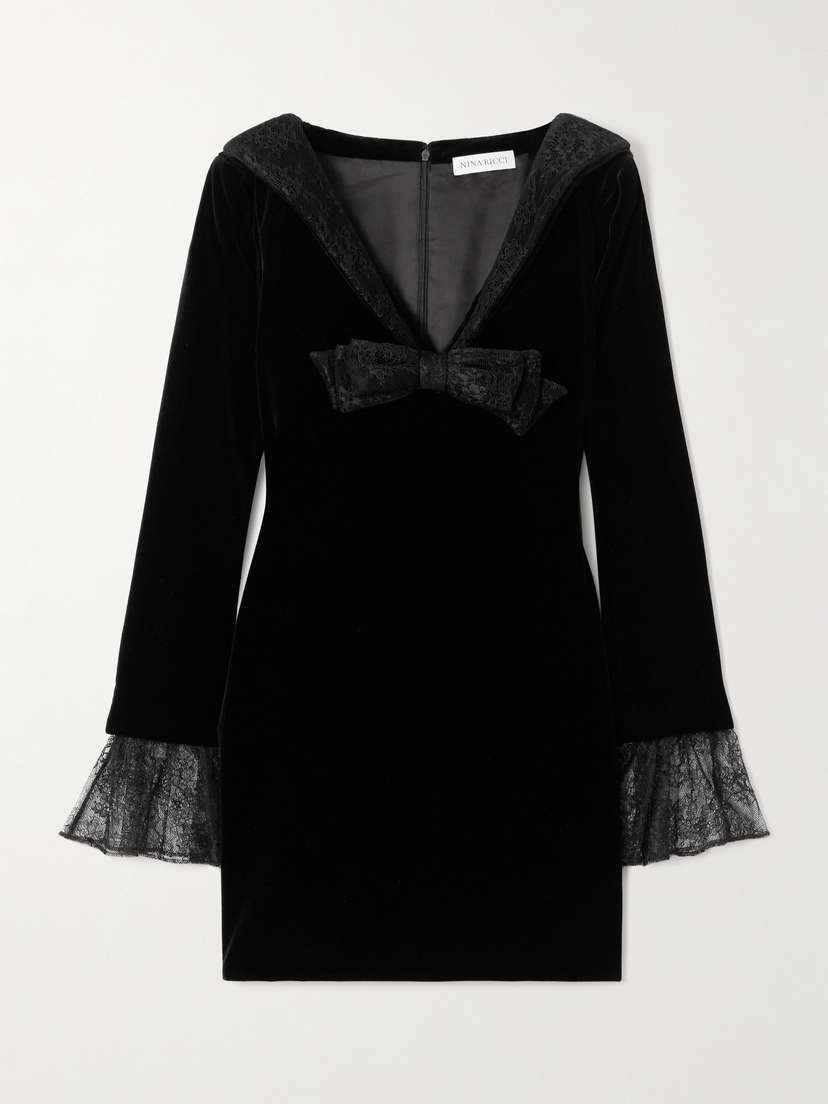 Nina Ricci Bow-detailed Lace-trimmed Cotton-velvet Mini Dress