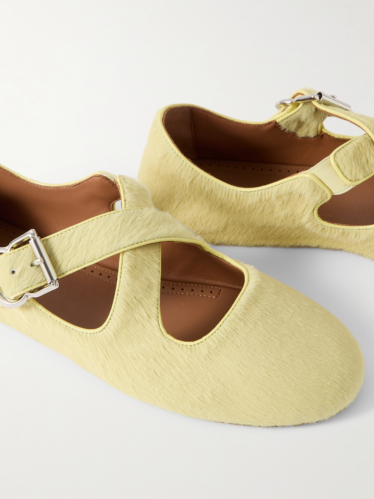 Alaïa Criss Cross Leather-trimmed Calf Hair Ballet Flats In Yellow