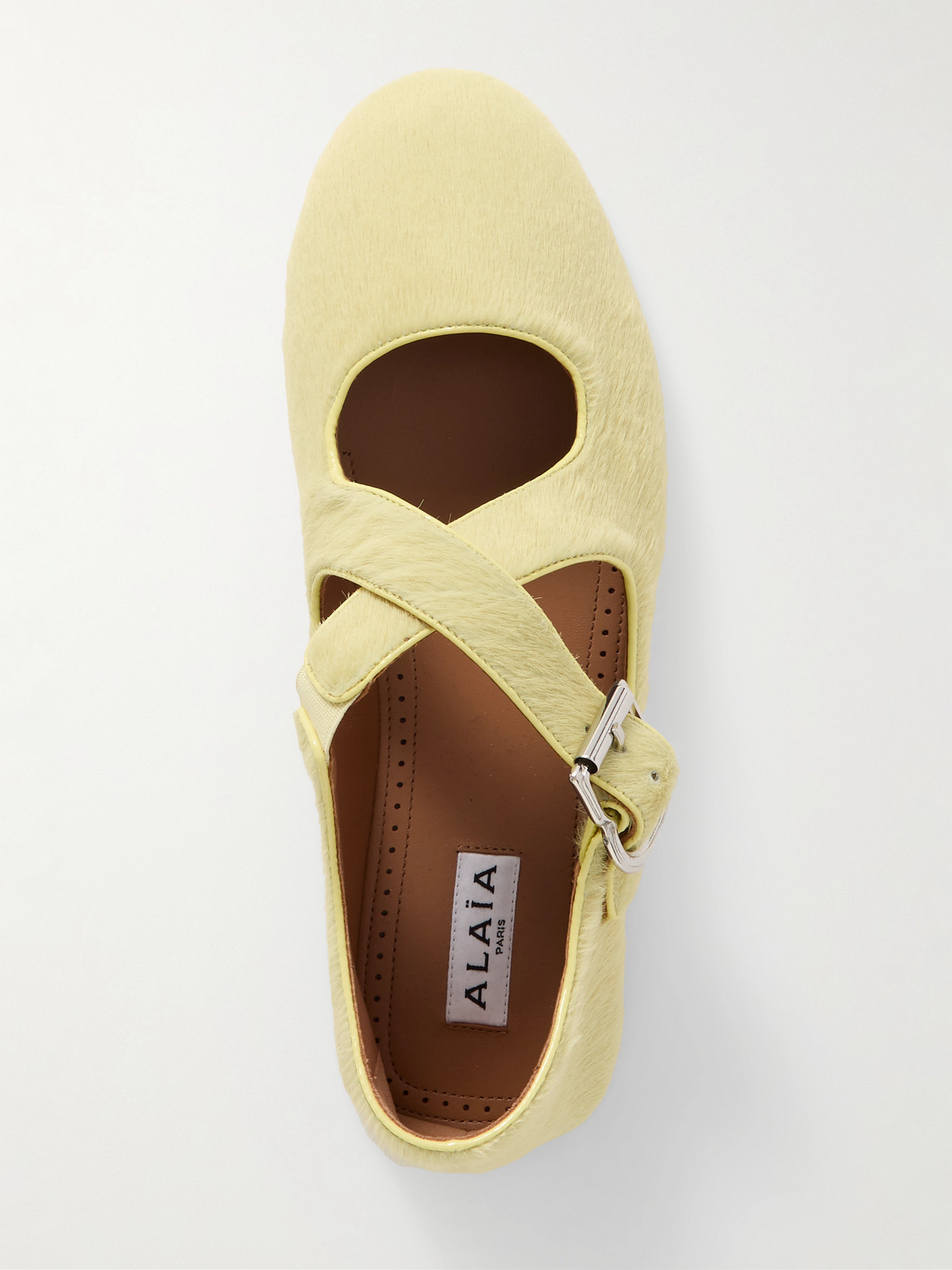 Alaïa Criss Cross Leather-trimmed Calf Hair Ballet Flats In Yellow