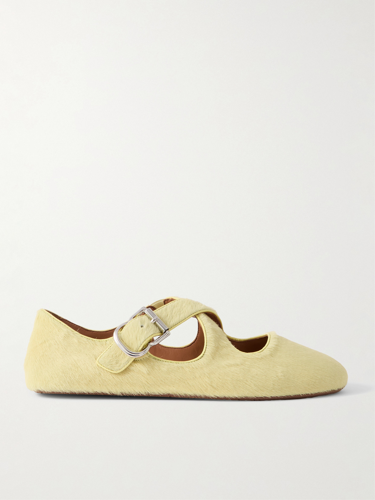 Alaïa Criss Cross Leather-trimmed Calf Hair Ballet Flats In Yellow