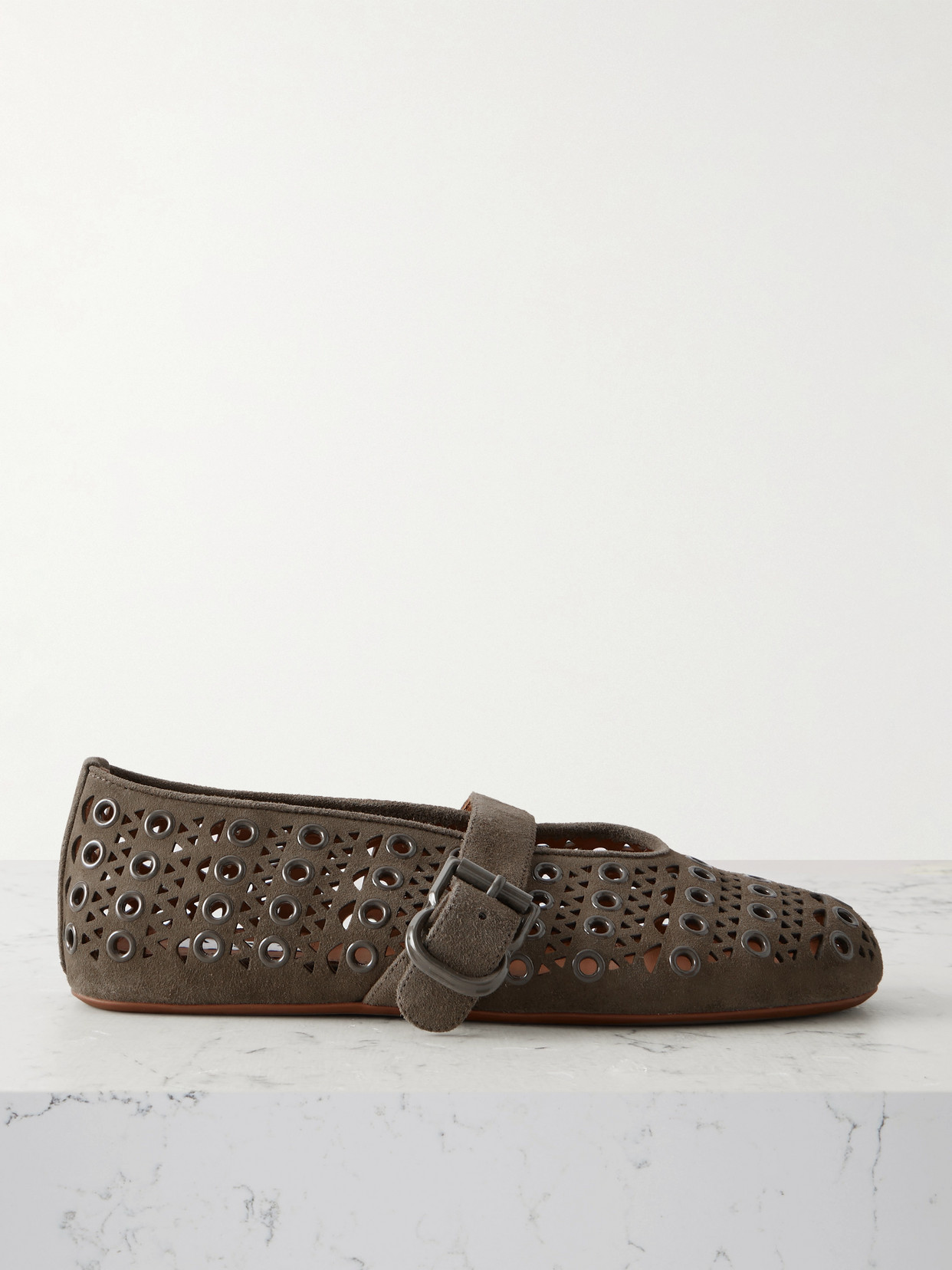 Alaïa Eyelet-embellished Perforated Suede Ballet Flats In Green