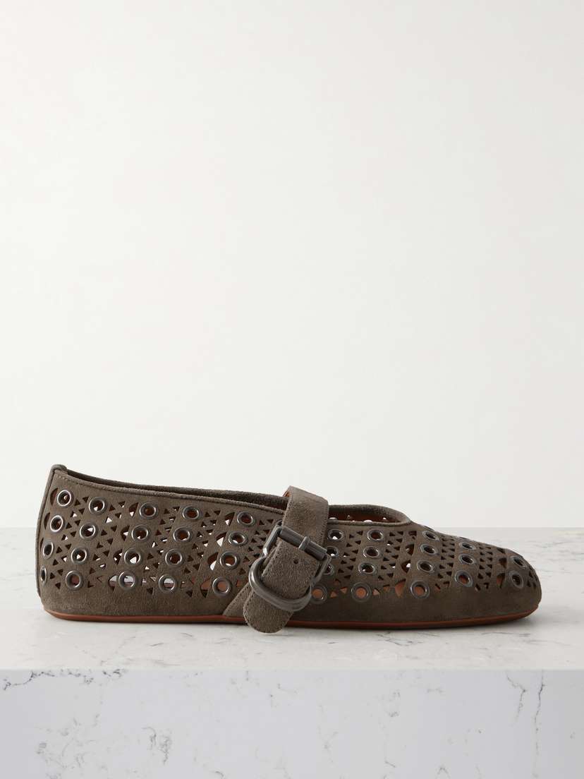 Alaïa Eyelet-embellished Perforated Suede Ballet Flats