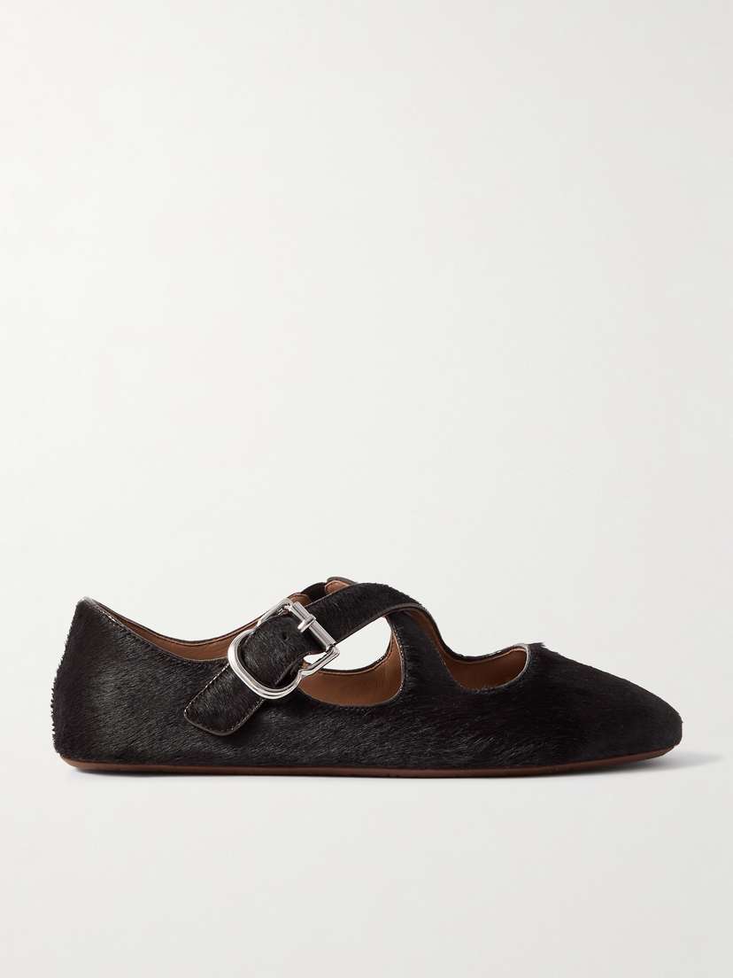 Alaïa Criss Cross Leather-trimmed Calf Hair Ballet Flats