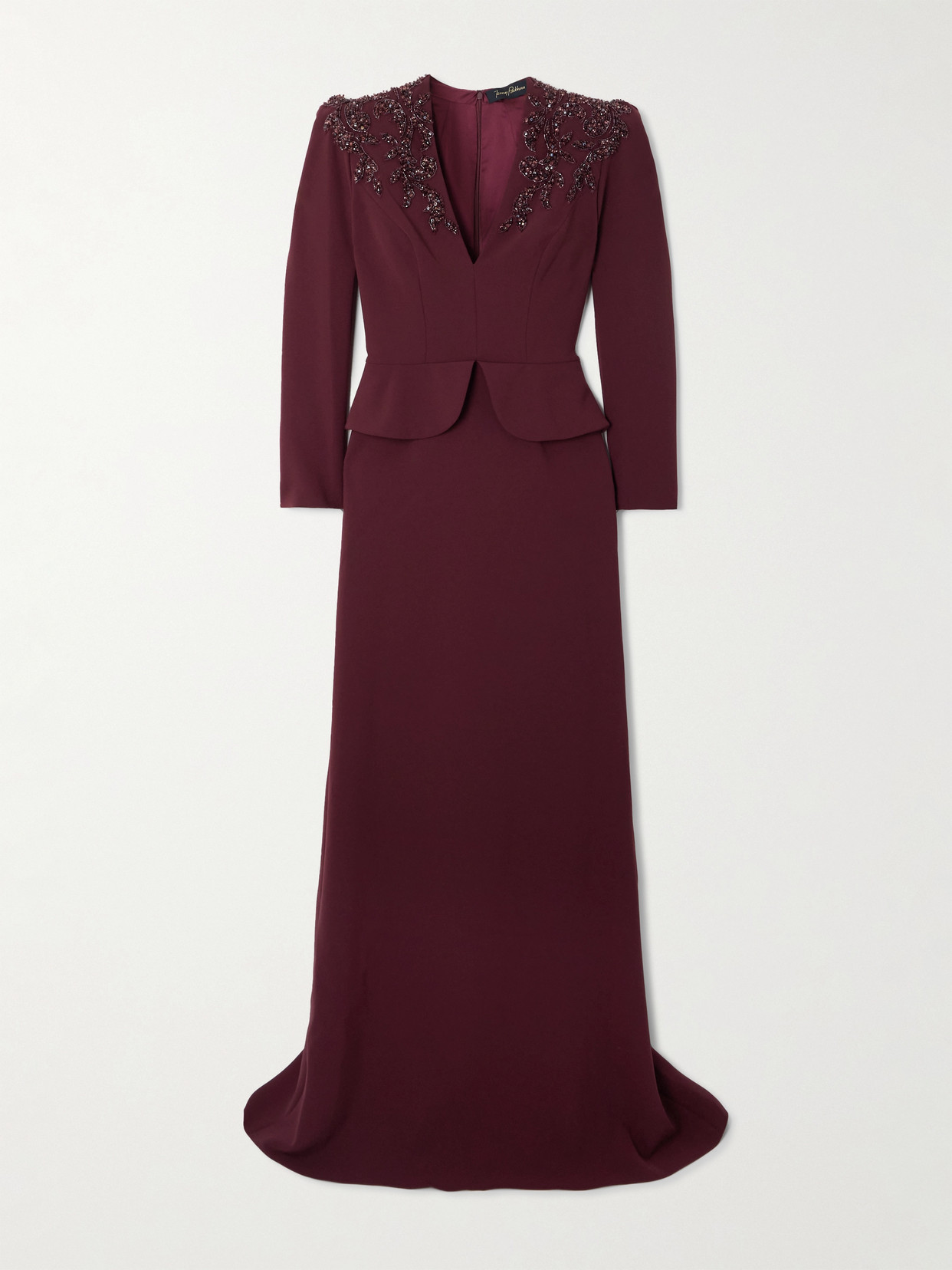 Jenny Packham Night Flowering Embellished Stretch-crepe Gown In Burgundy