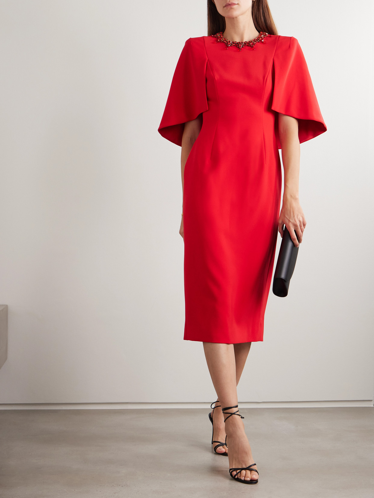 Jenny Packham Ursa Cape-effect Crystal-embellished Crepe Midi Dress In Red