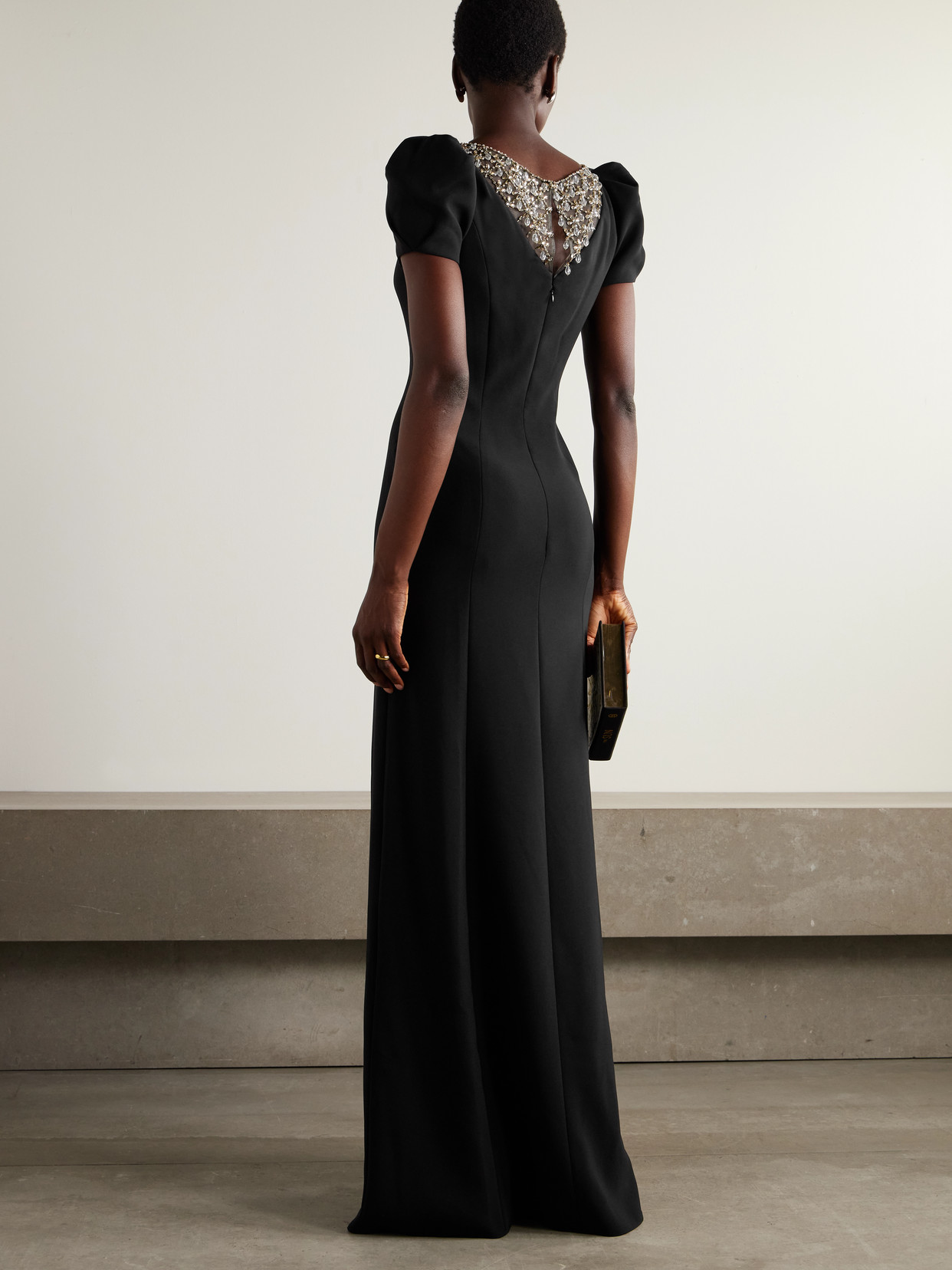 Jenny Packham Empress Embellished Tulle-paneled Crepe Gown In Black