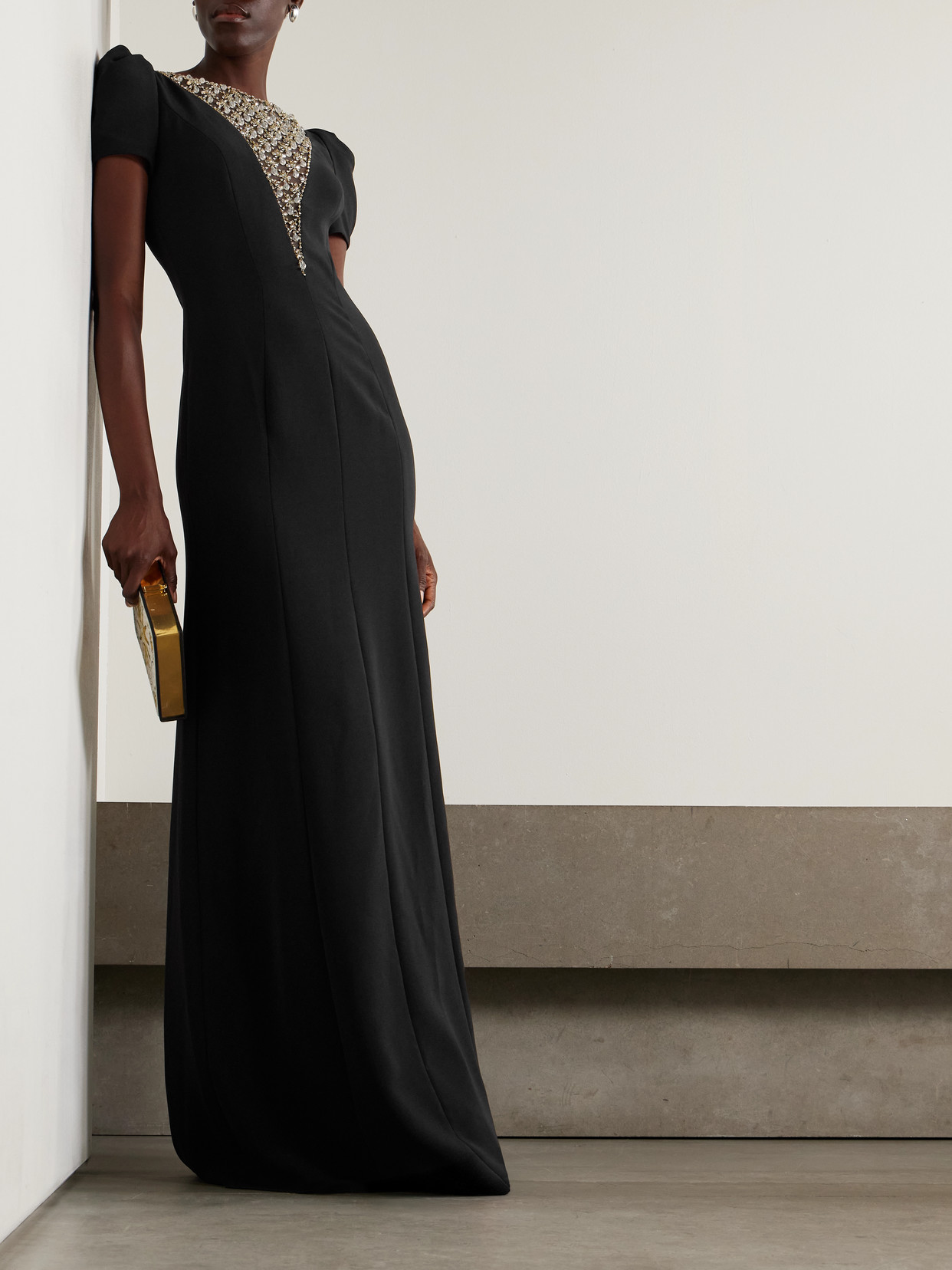 Jenny Packham Empress Embellished Tulle-paneled Crepe Gown In Black