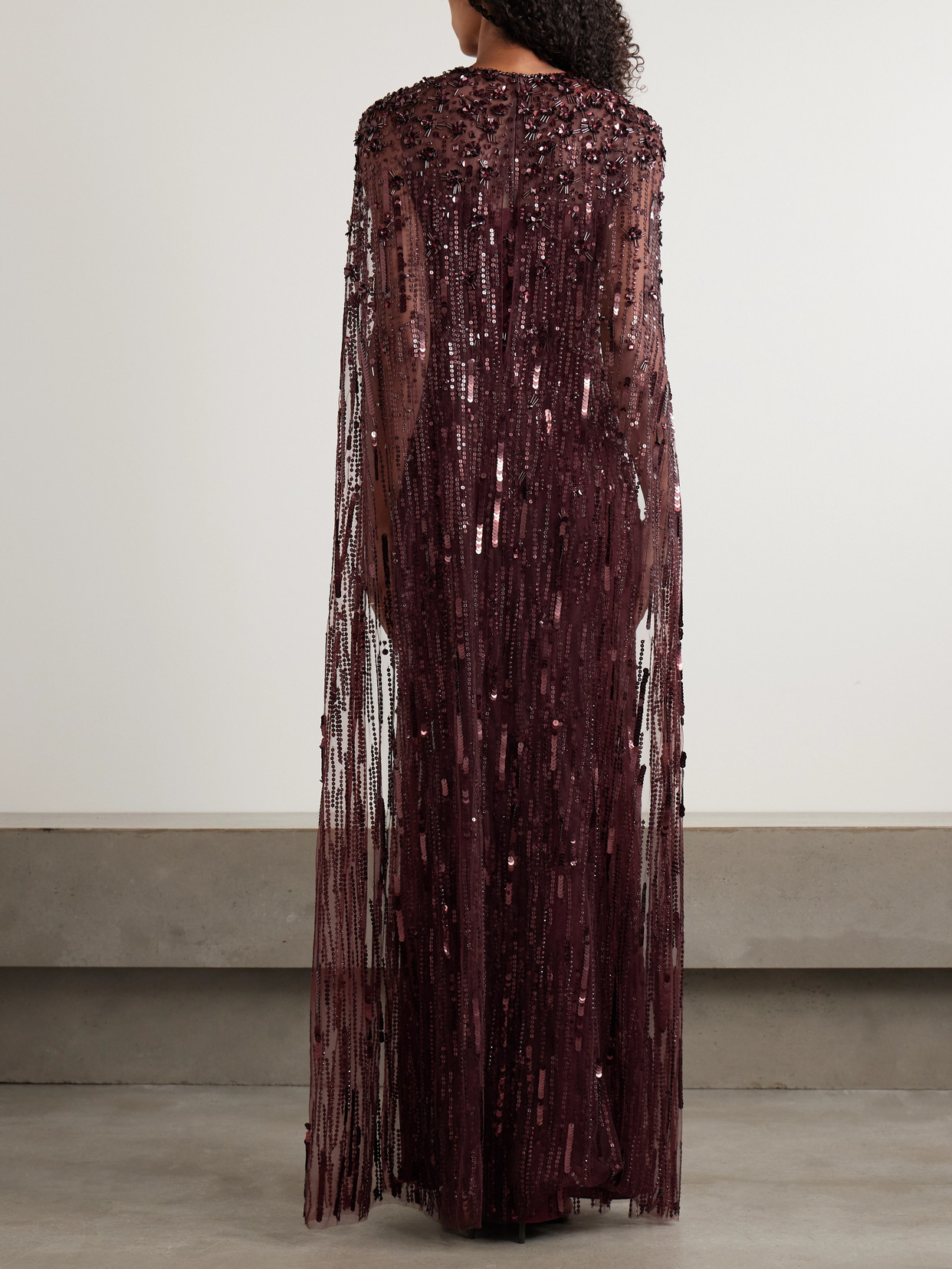 Jenny Packham Ruby Sequin-embellished Cape Maxi Dress In Burgundy