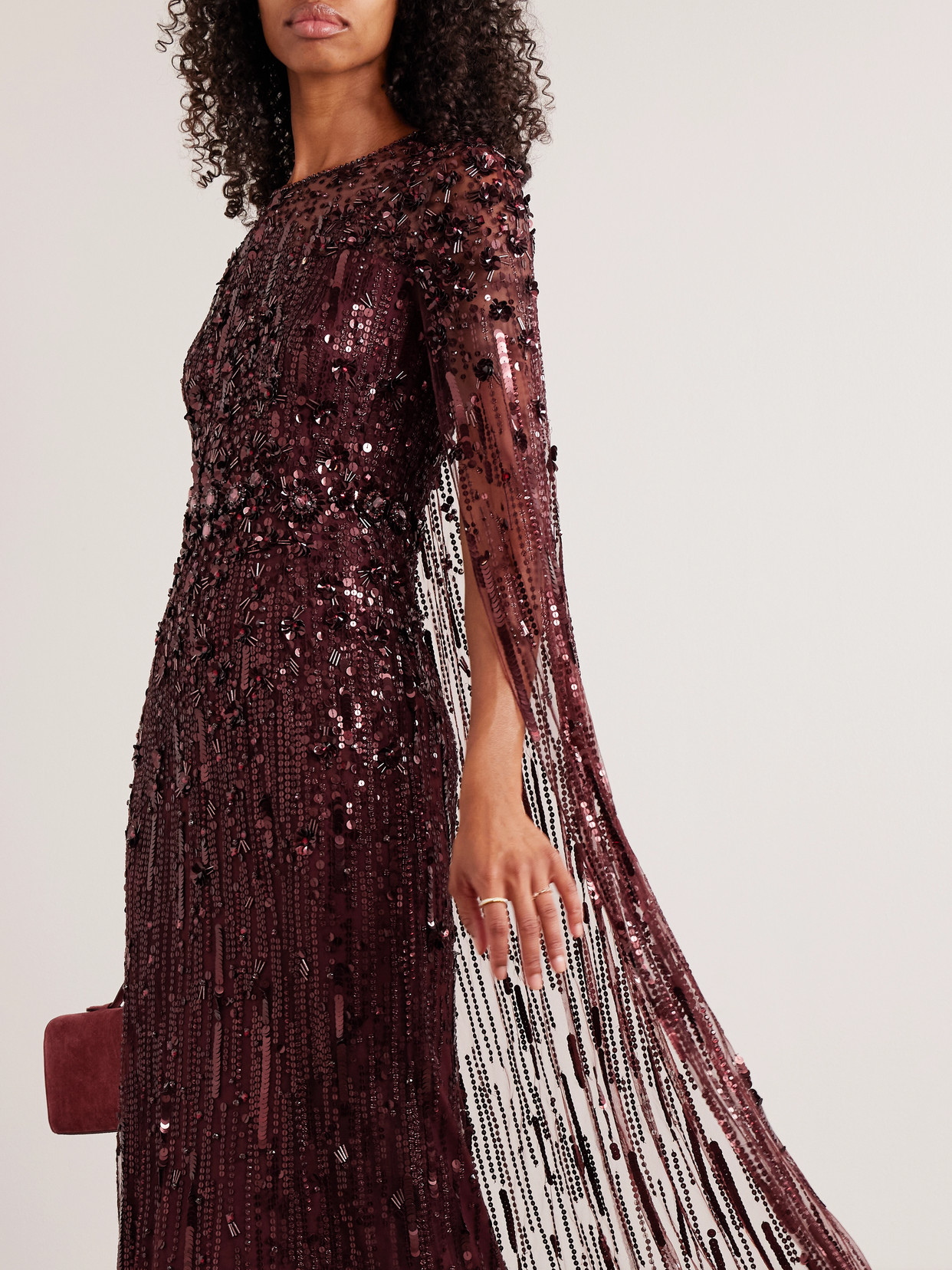 Jenny Packham Ruby Sequin-embellished Cape Maxi Dress In Burgundy