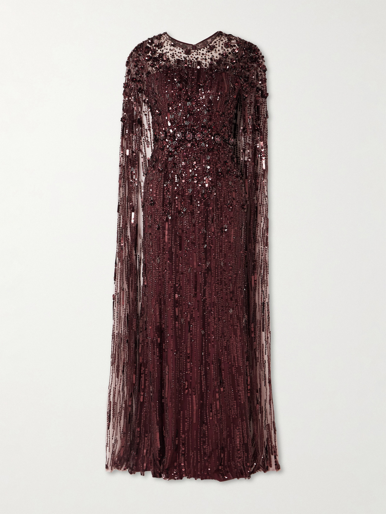 Jenny Packham Ruby Sequin-embellished Cape Maxi Dress In Burgundy