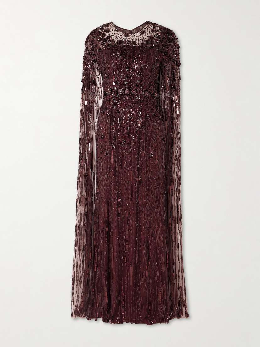 Jenny Packham Ruby Cape-effect Embellished Tulle Gown