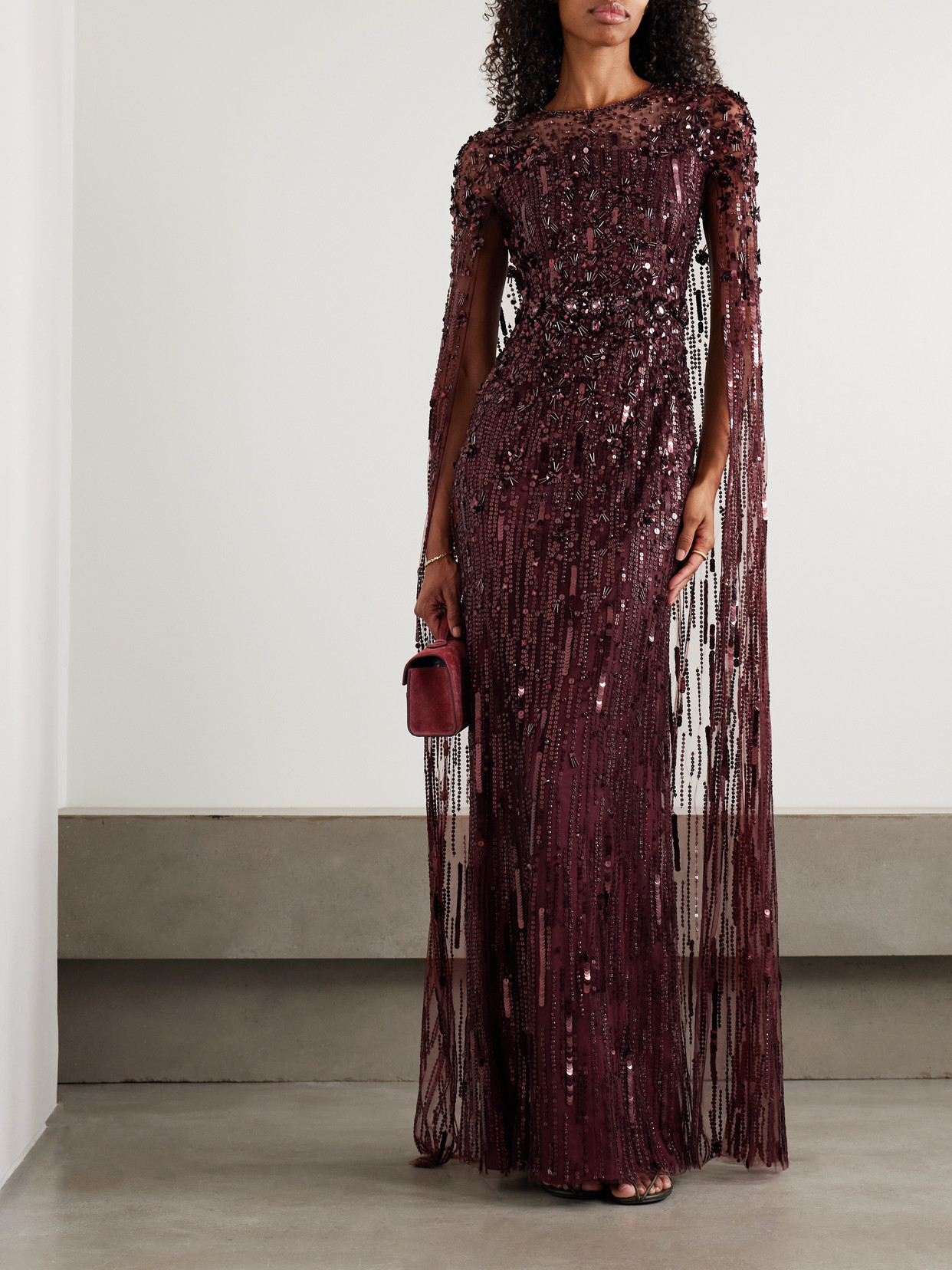 Jenny Packham Ruby Sequin-embellished Cape Maxi Dress In Burgundy