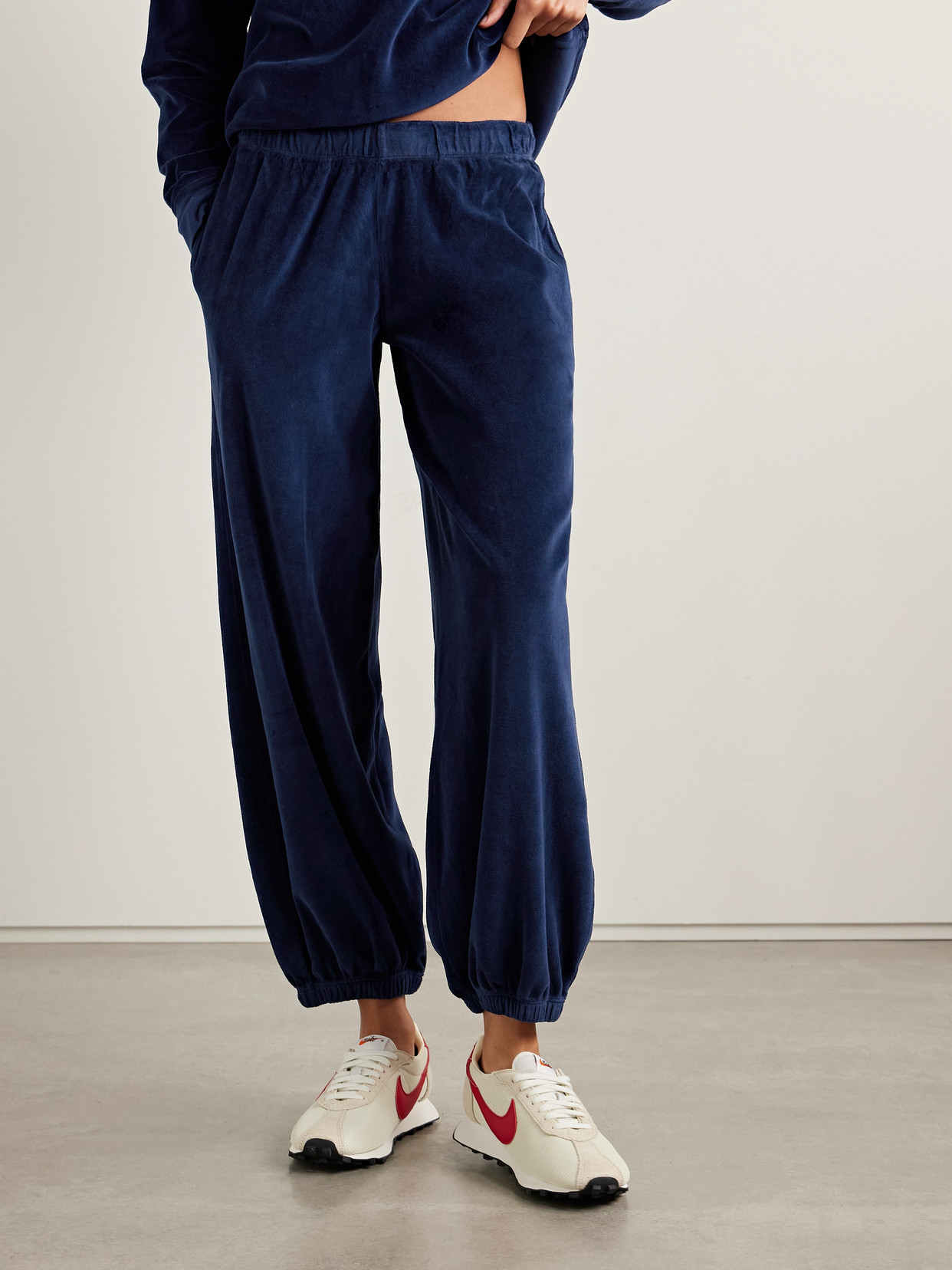 Suzie Kondi Paxos Cotton-blend Velour Tapered Sweatpants In Blue
