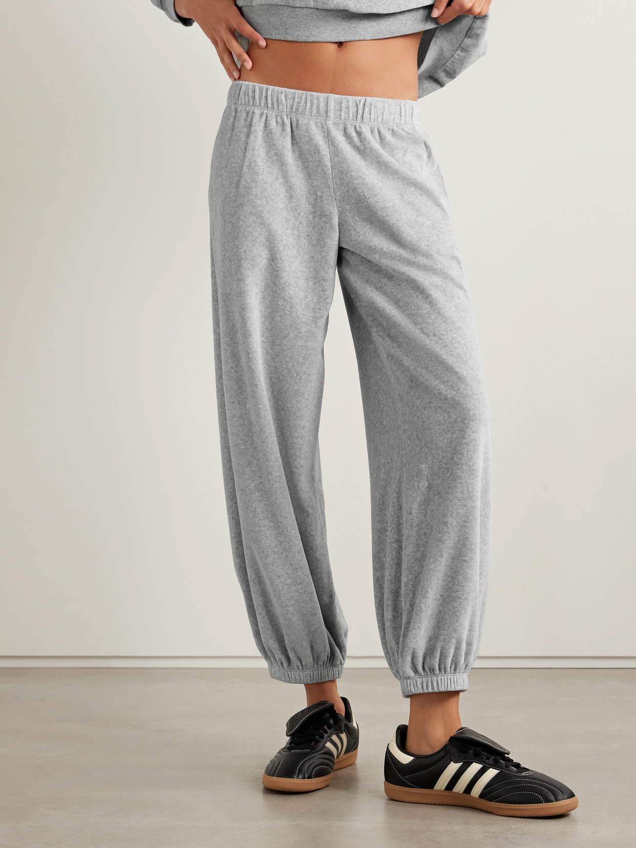 Suzie Kondi Paxos Cotton-blend Velour Tapered Sweatpants In Gray