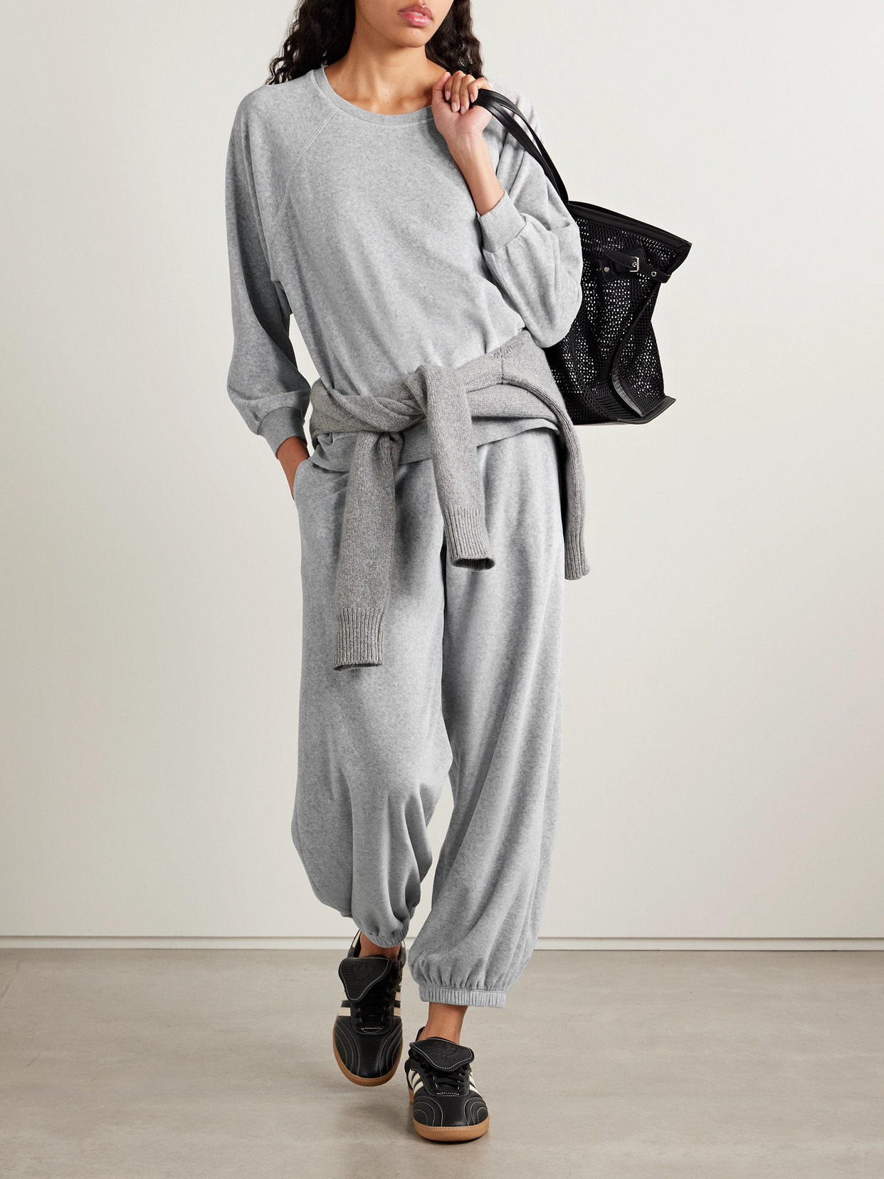 Suzie Kondi Paxos Cotton-blend Velour Tapered Sweatpants In Gray