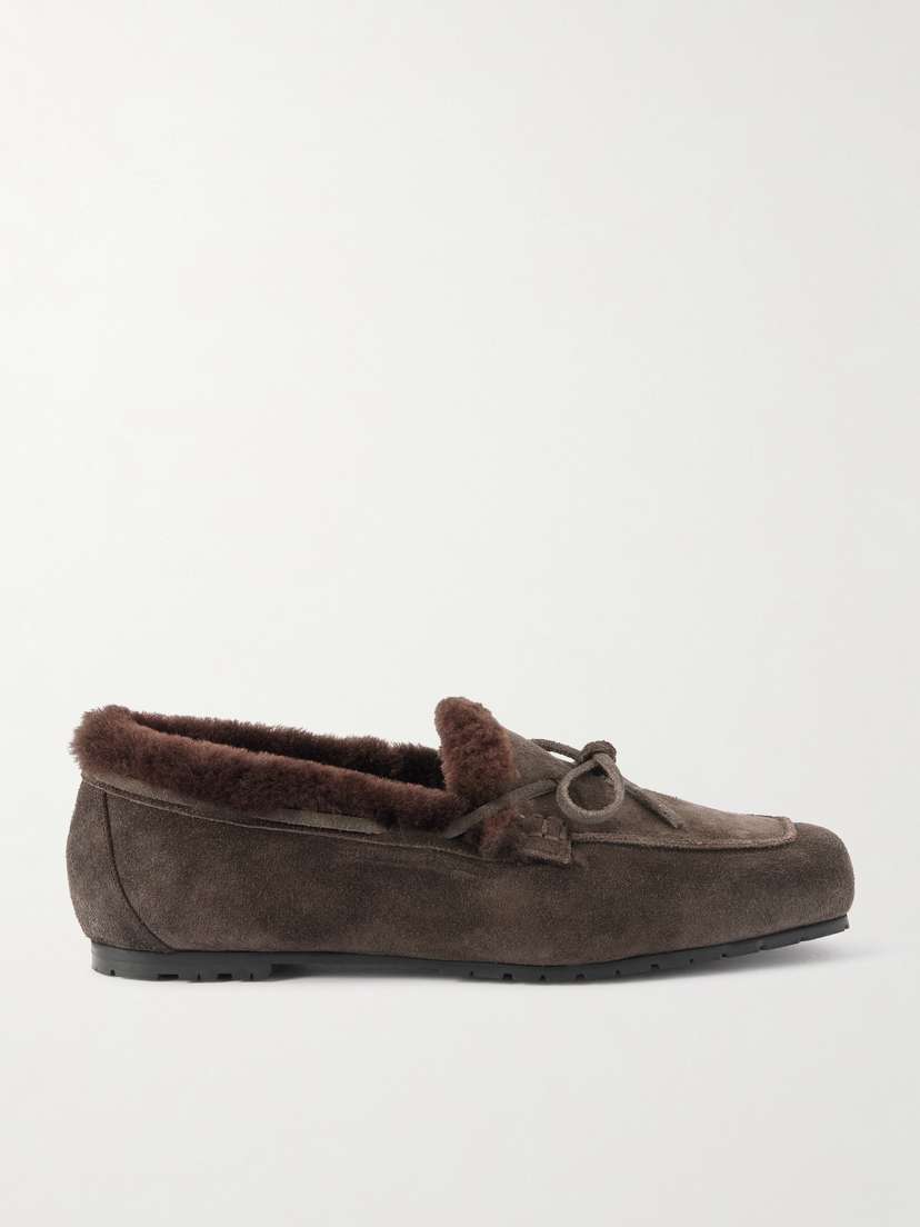 aeyde Jasper Bow-detailed Shearling-lined Suede Loafers