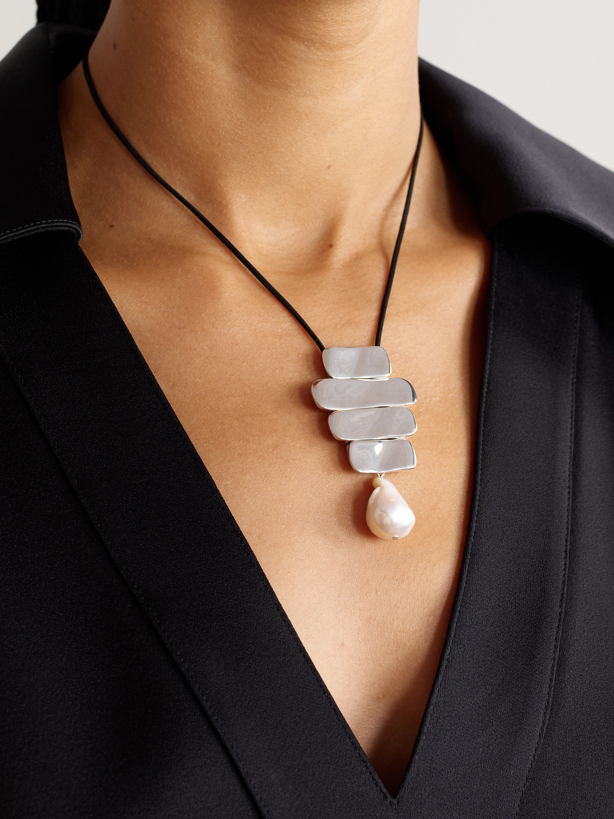 Agmes Baroque Ilona Recycled Sterling Silver, Suede And Pearl Necklace In Silver