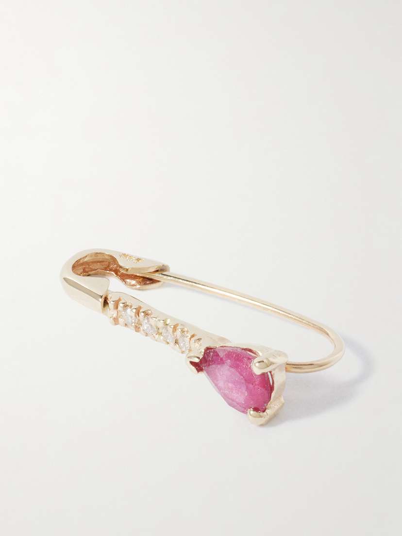 Loren Stewart Mini Gemstone Safety Pin 14-karat Gold, Ruby And Diamond Single Earring