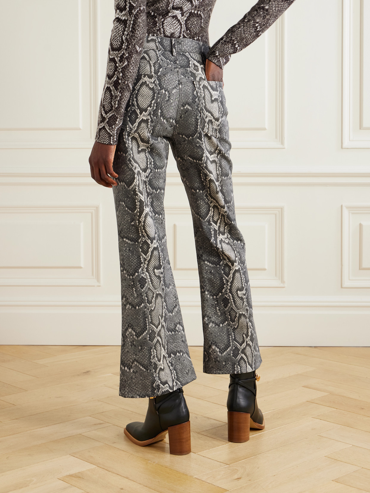 Gabriela Hearst Ezra Snake-print Recycled Mid-rise Bootcut Jeans In Gray