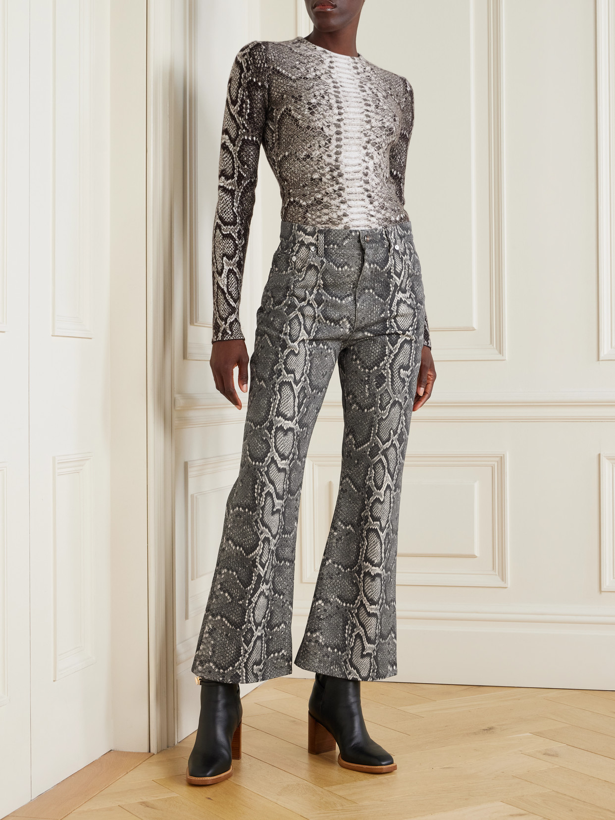 Gabriela Hearst Ezra Snake-print Recycled Mid-rise Bootcut Jeans In Gray