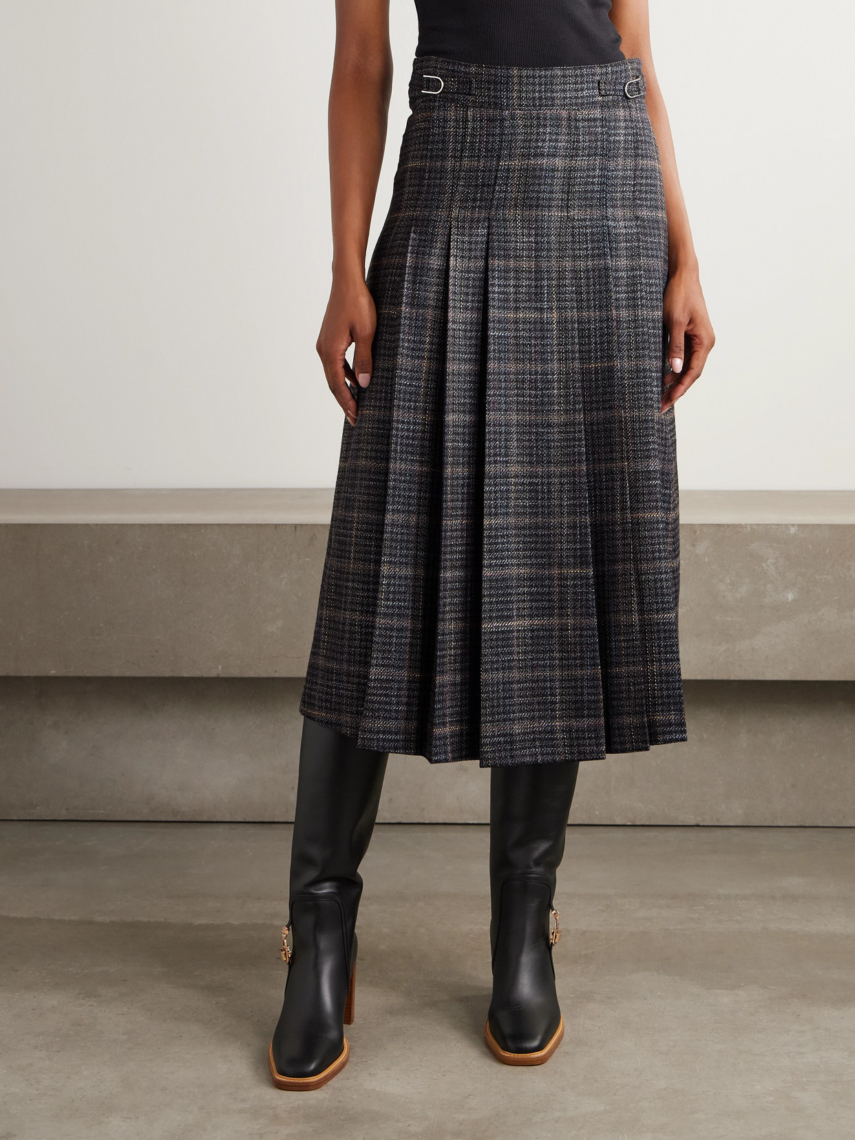 Gabriela Hearst Wesley Pleated Checked Wool And Silk-blend Midi Skirt In Green
