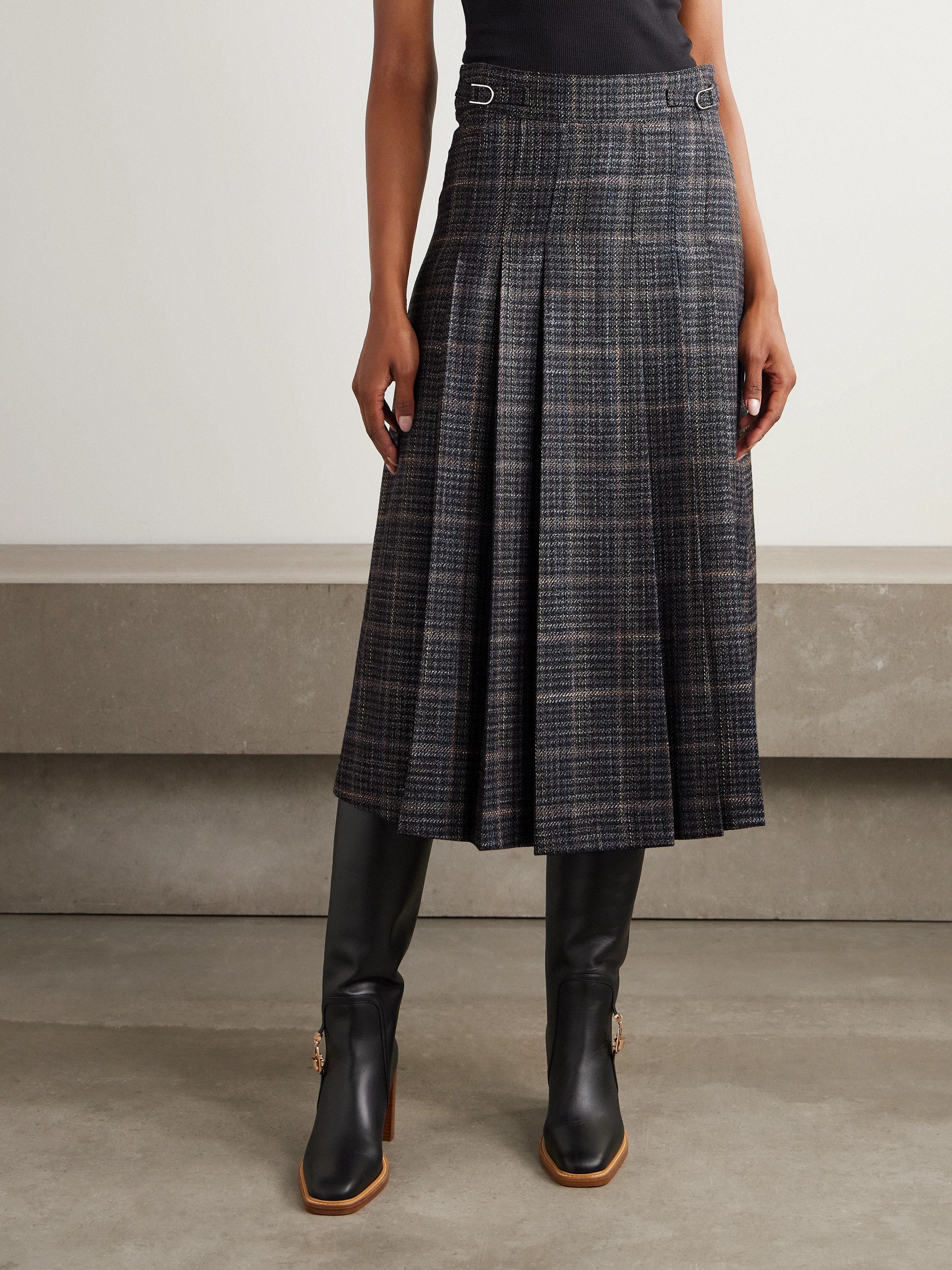 Gabriela Hearst Wesley pleated checked wool and silk-blend midi skirt
