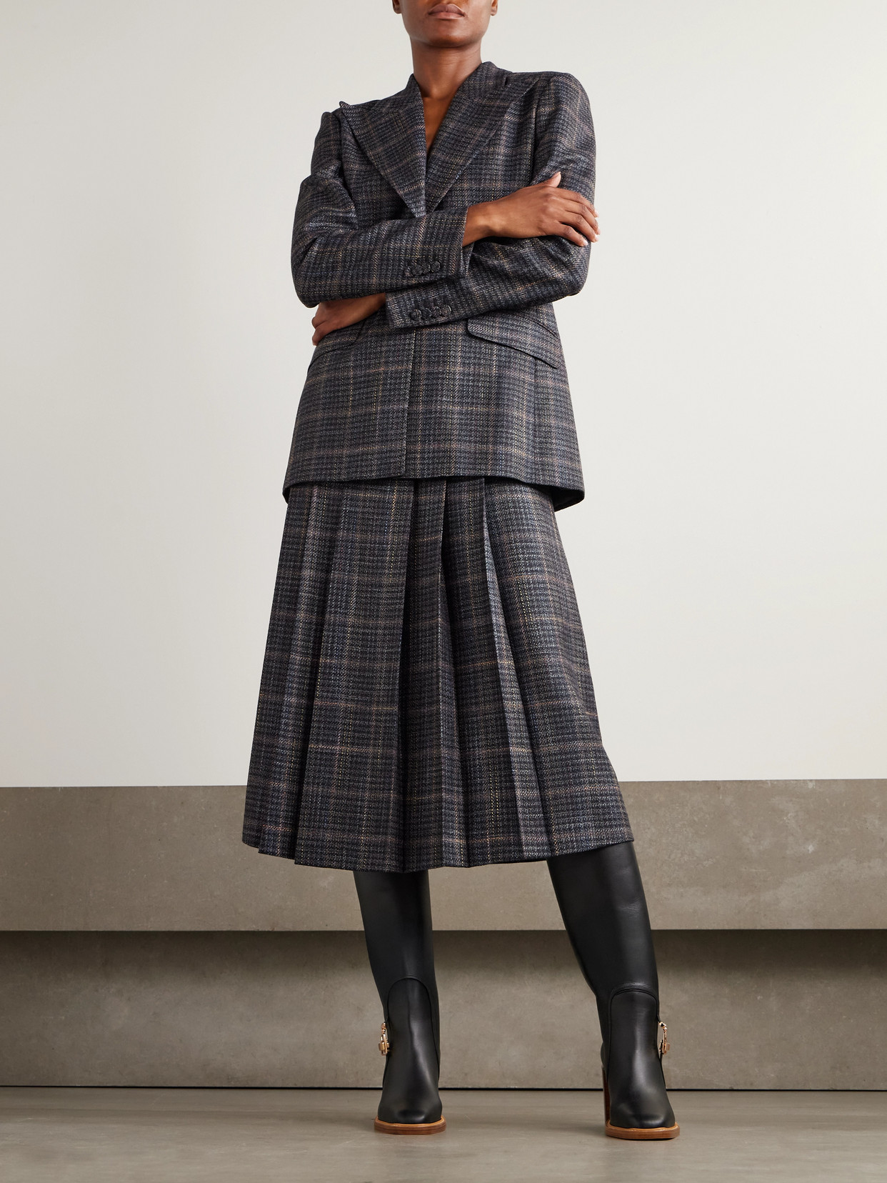 Gabriela Hearst Wesley Pleated Checked Wool And Silk-blend Midi Skirt In Green