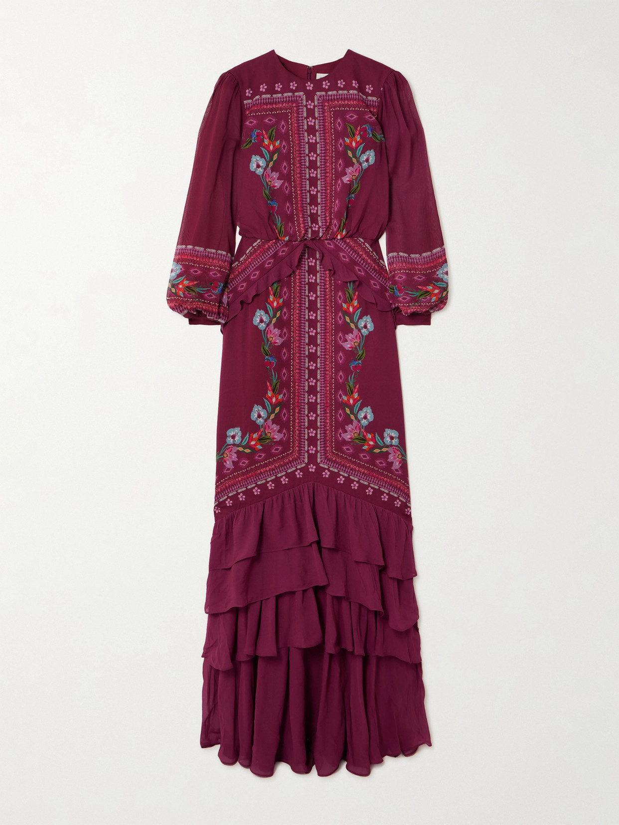 Saloni Isa Long-c Ruffled Floral-print Silk Crepe De Chine Gown In Burgundy