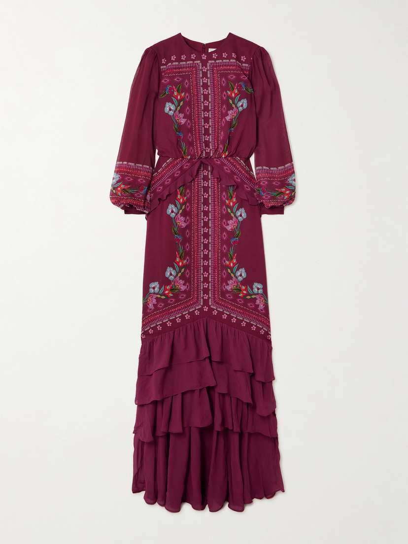 Saloni Isa Long-c Ruffled Floral-print Silk Crepe De Chine Gown