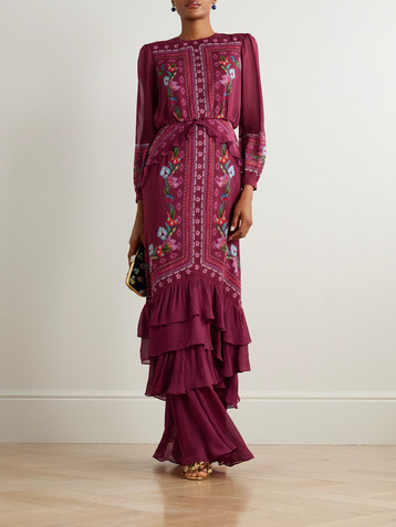 Saloni Isa Long-C ruffled floral-print silk crepe de chine gown