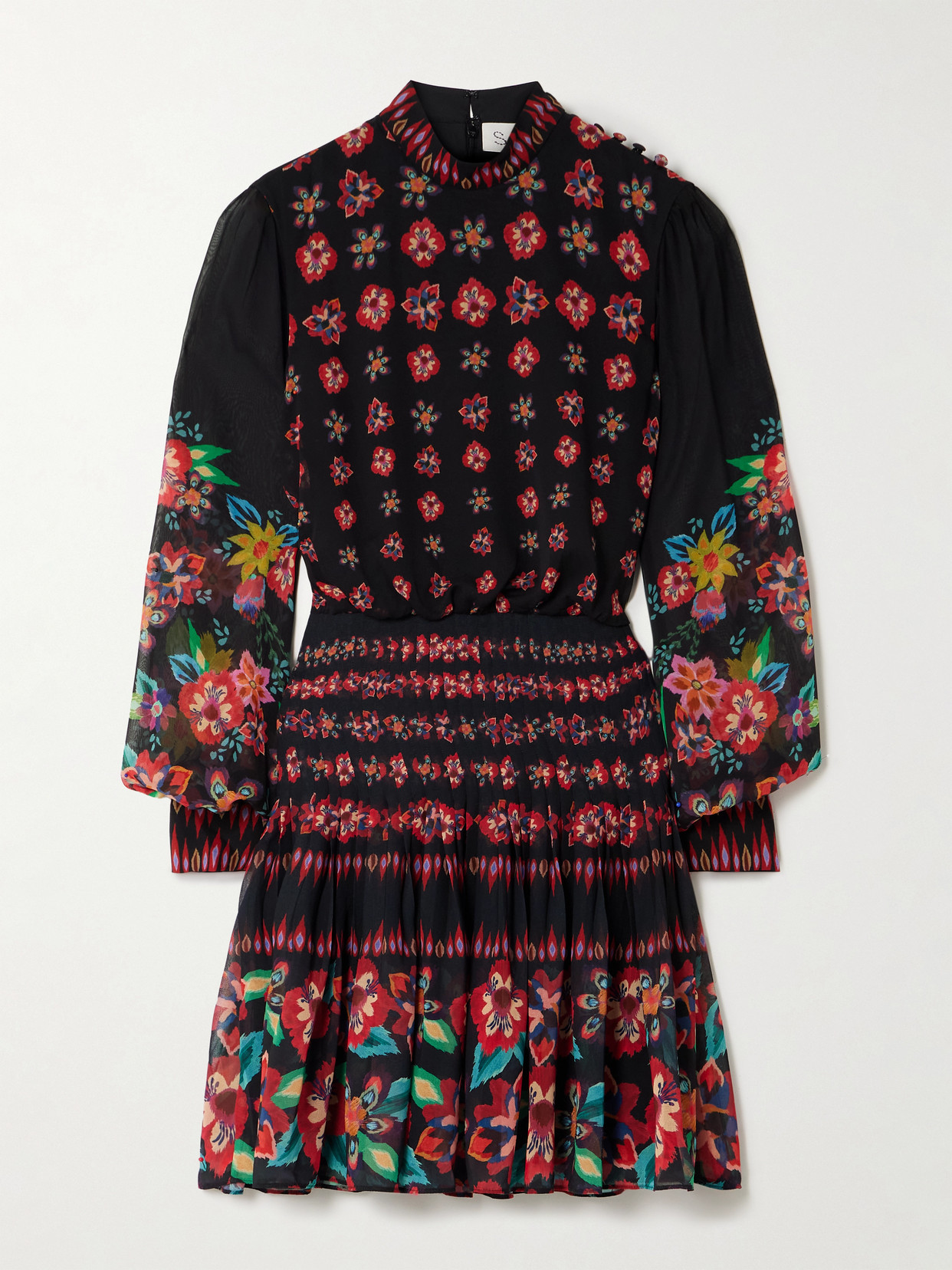 Saloni - Isa Pleated Floral-print Silk Crepe De Chine Mini Dress - Multi