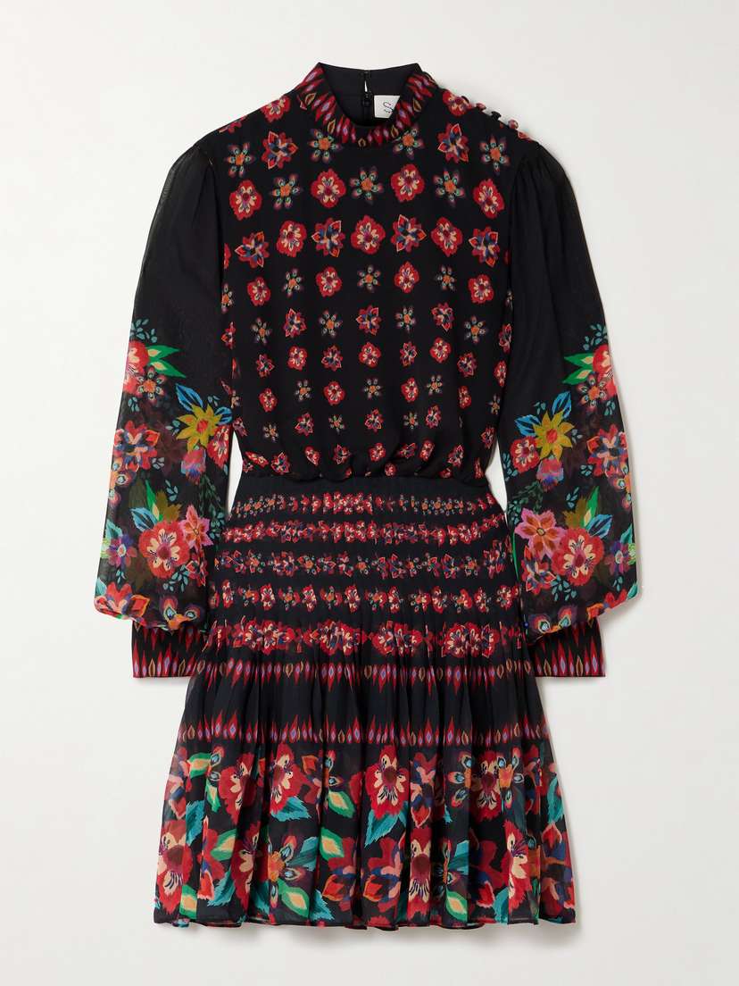 Saloni Isa Pleated Floral-print Silk Crepe De Chine Mini Dress