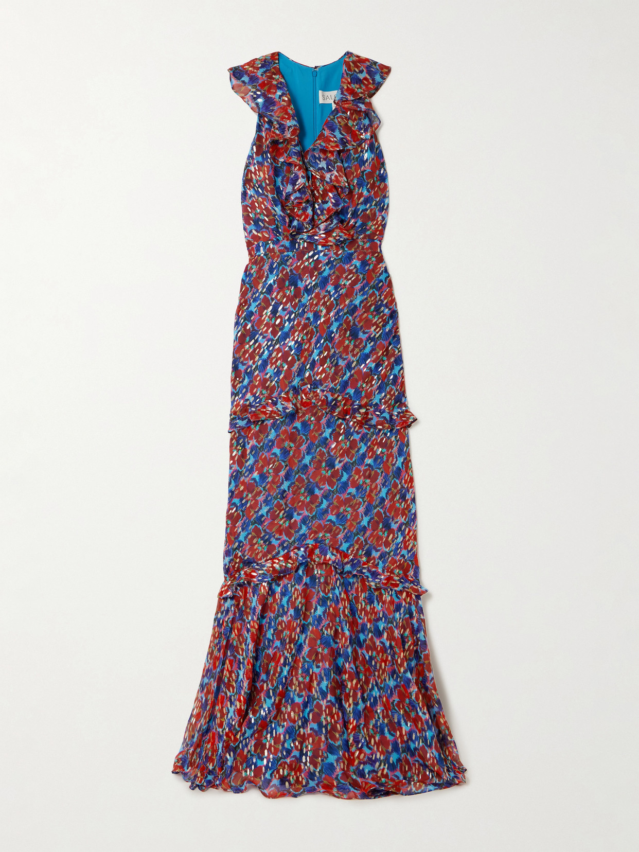 Saloni Rita Ruffled Floral-print Metallic Silk-georgette Gown In Multi