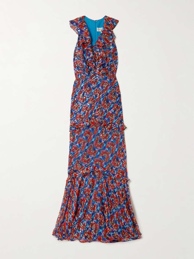 Saloni Rita Ruffled Floral-print Metallic Silk-georgette Gown