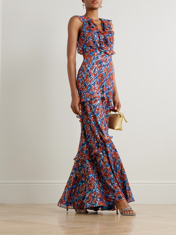 Saloni Rita ruffled floral-print metallic silk-georgette gown