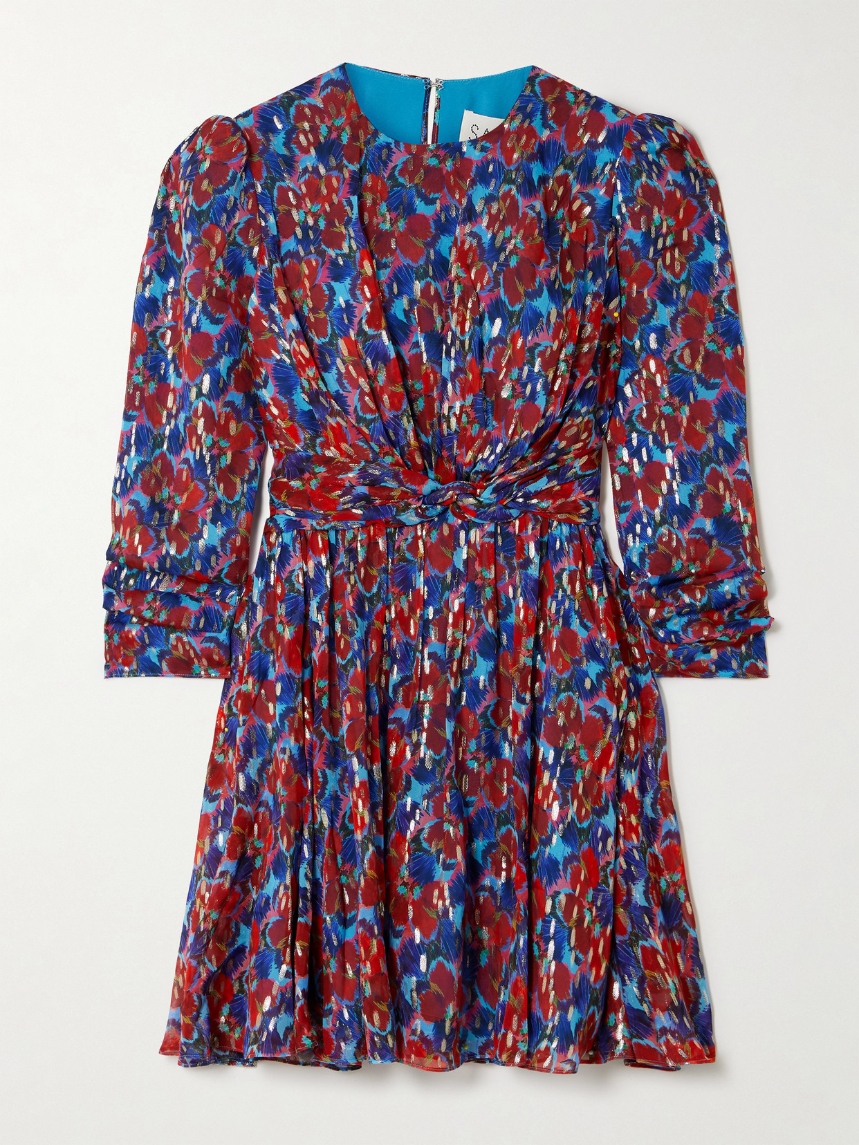 Saloni Blythe-b Knotted Floral-print Metallic Silk-georgette Mini Dress In Red