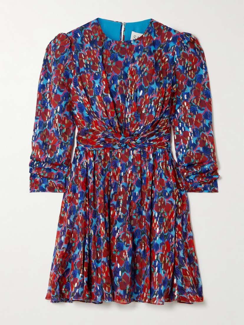 Saloni Blythe-b Knotted Floral-print Metallic Silk-georgette Mini Dress