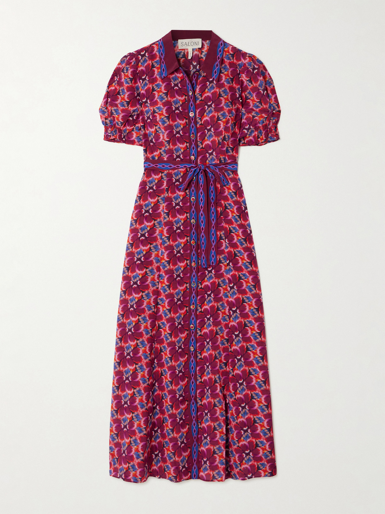 Saloni Vanessa-d Belted Printed Silk Midi Shirt Dress In Pink