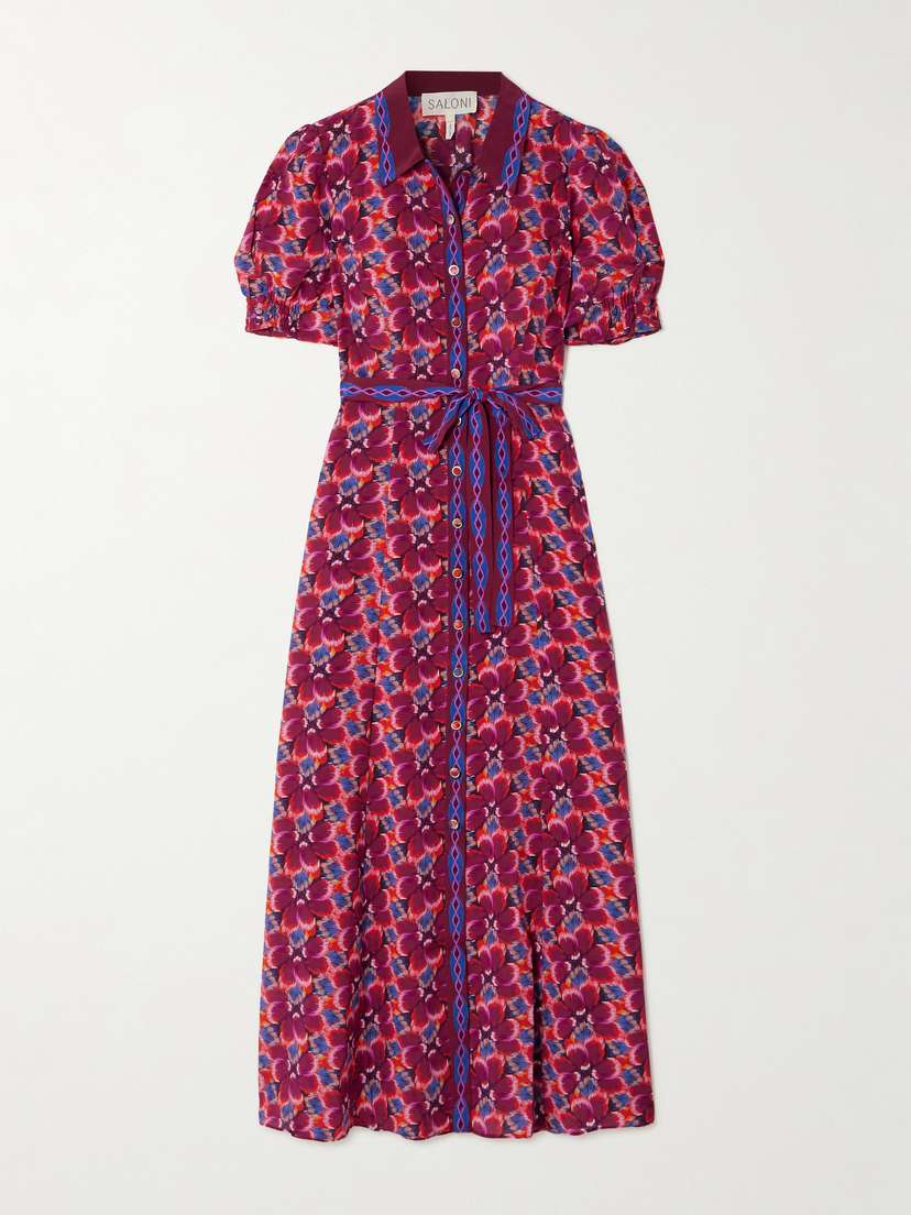 Saloni Vanessa-d Belted Printed Silk Midi Shirt Dress