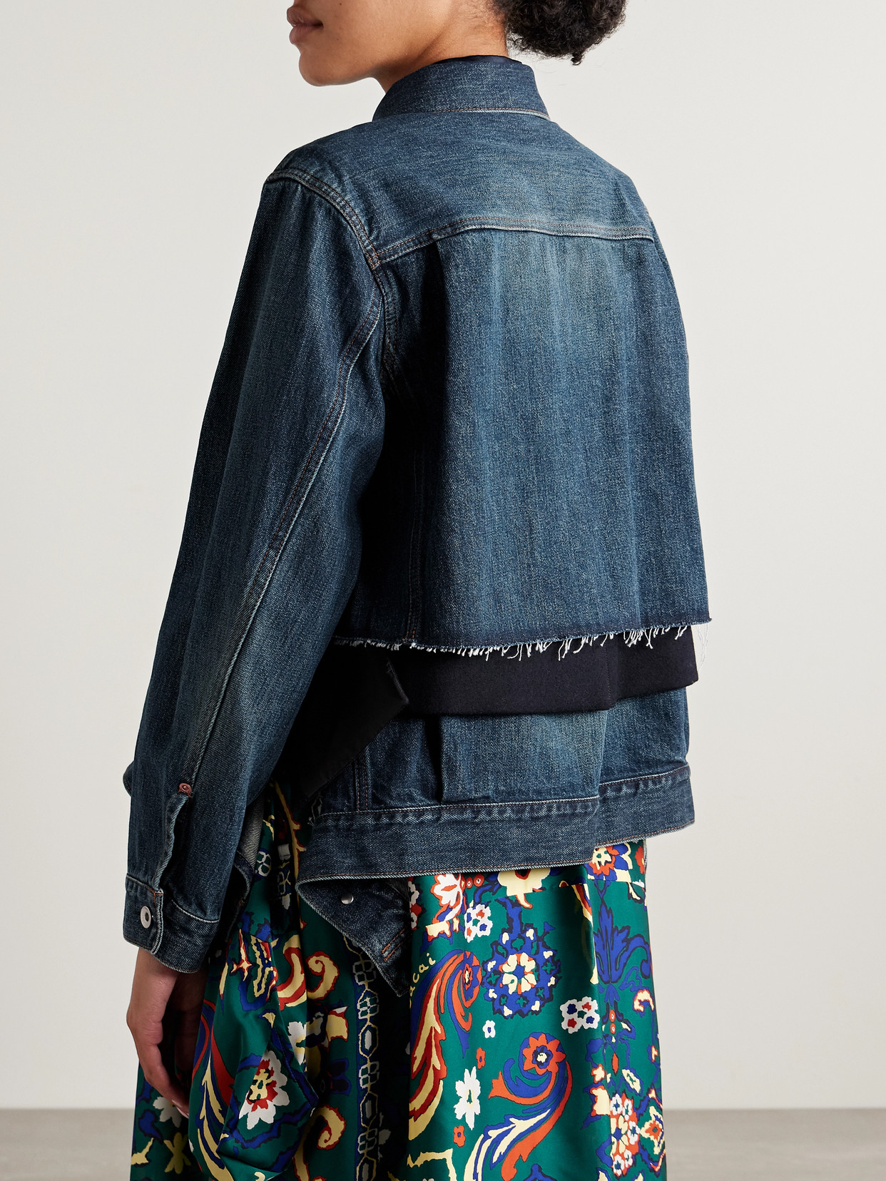 Sacai Layered Frayed Denim And Wool-felt Jacket In Blue