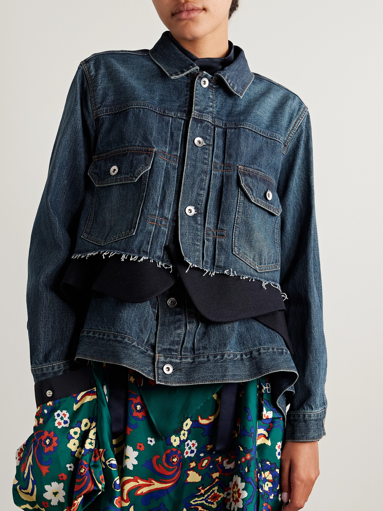 Sacai Layered Frayed Denim And Wool-felt Jacket In Blue