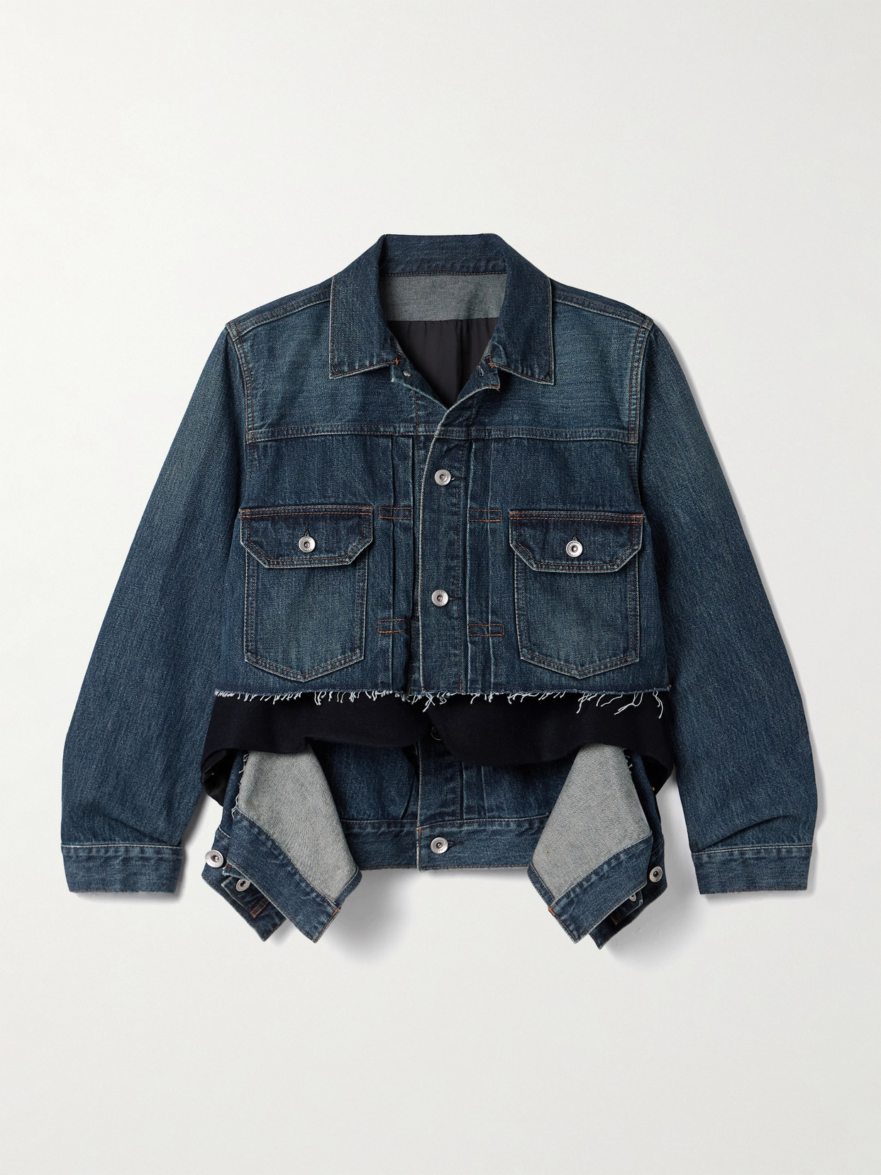 Sacai Layered Frayed Denim And Wool-felt Jacket In Blue