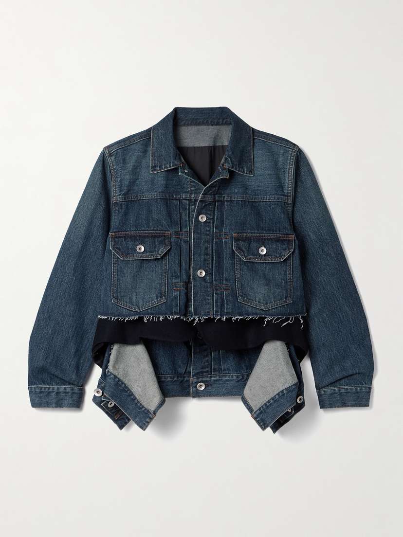Sacai Layered Frayed Denim And Wool-felt Jacket