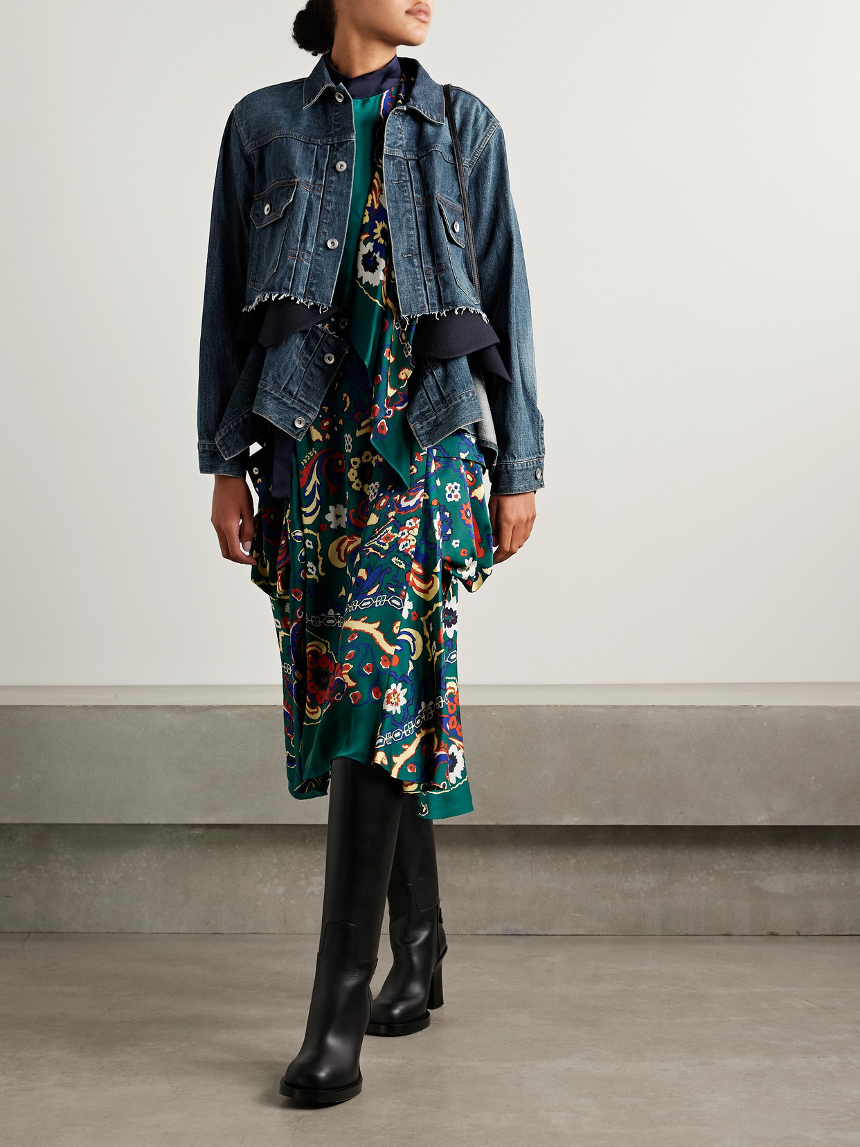 Sacai Layered Frayed Denim And Wool-felt Jacket In Blue