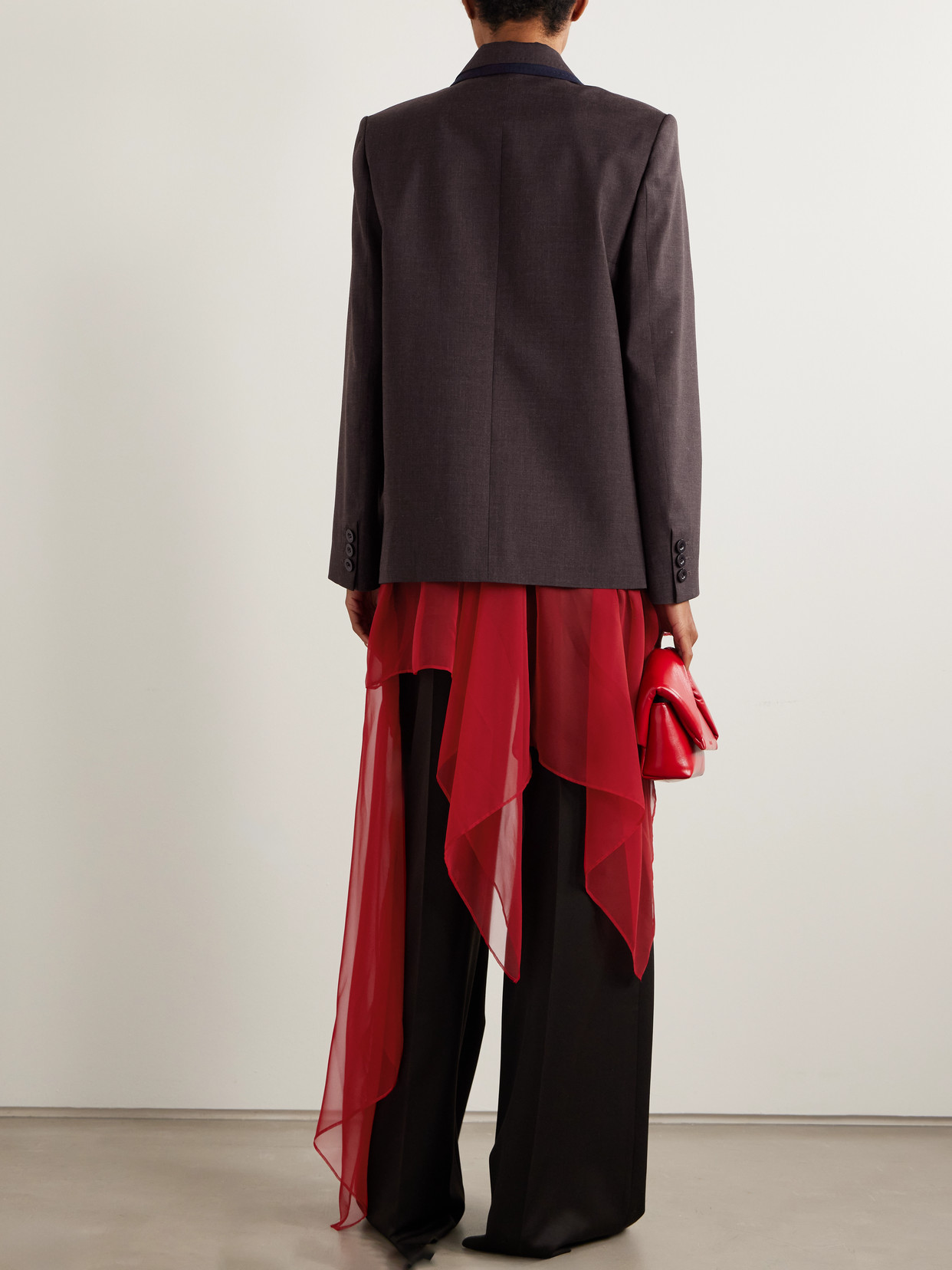 Sacai Double-breasted Chiffon-trimmed Wool Blazer In Brown
