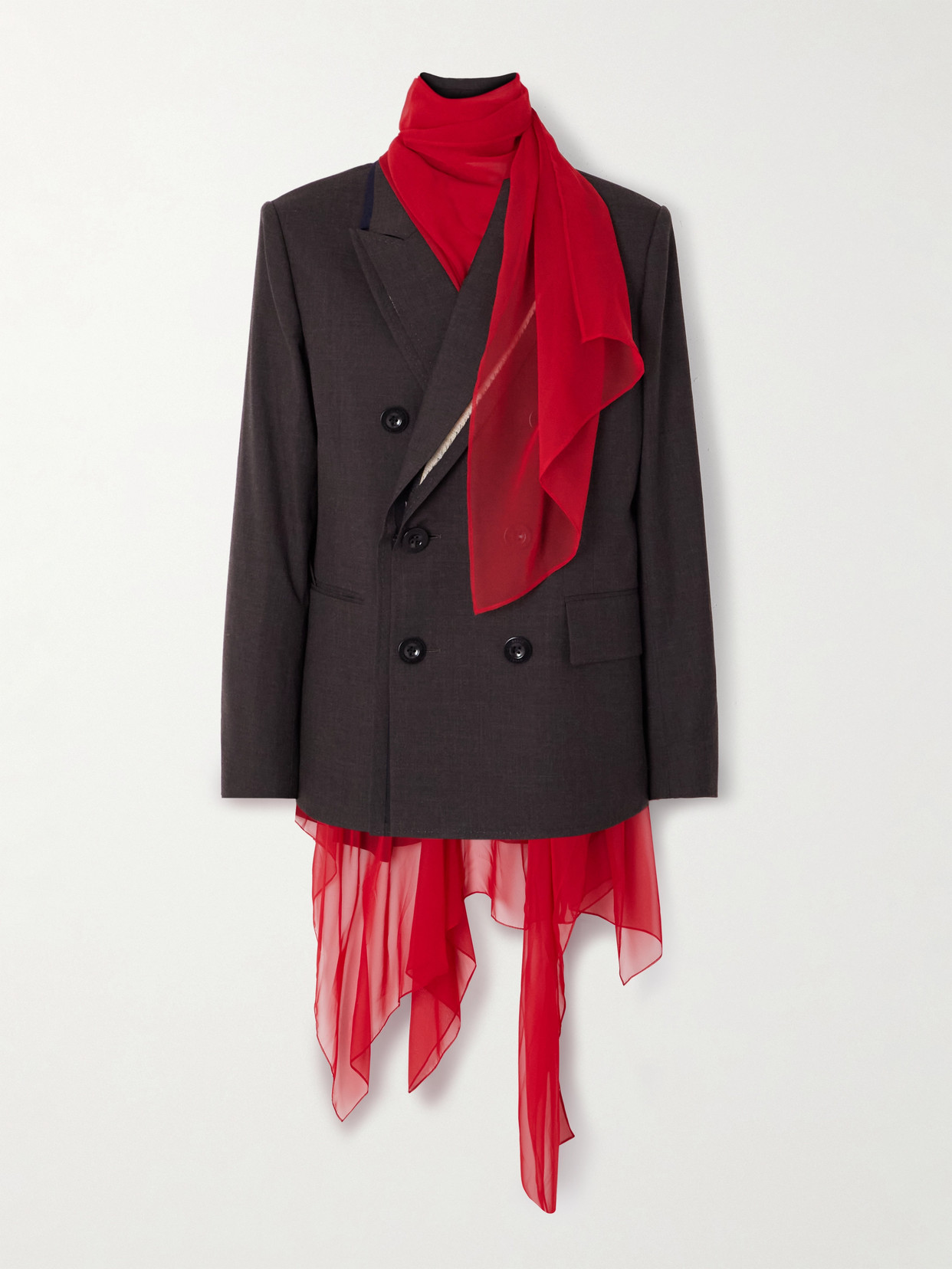 Sacai Double-breasted Chiffon-trimmed Wool Blazer In Brown