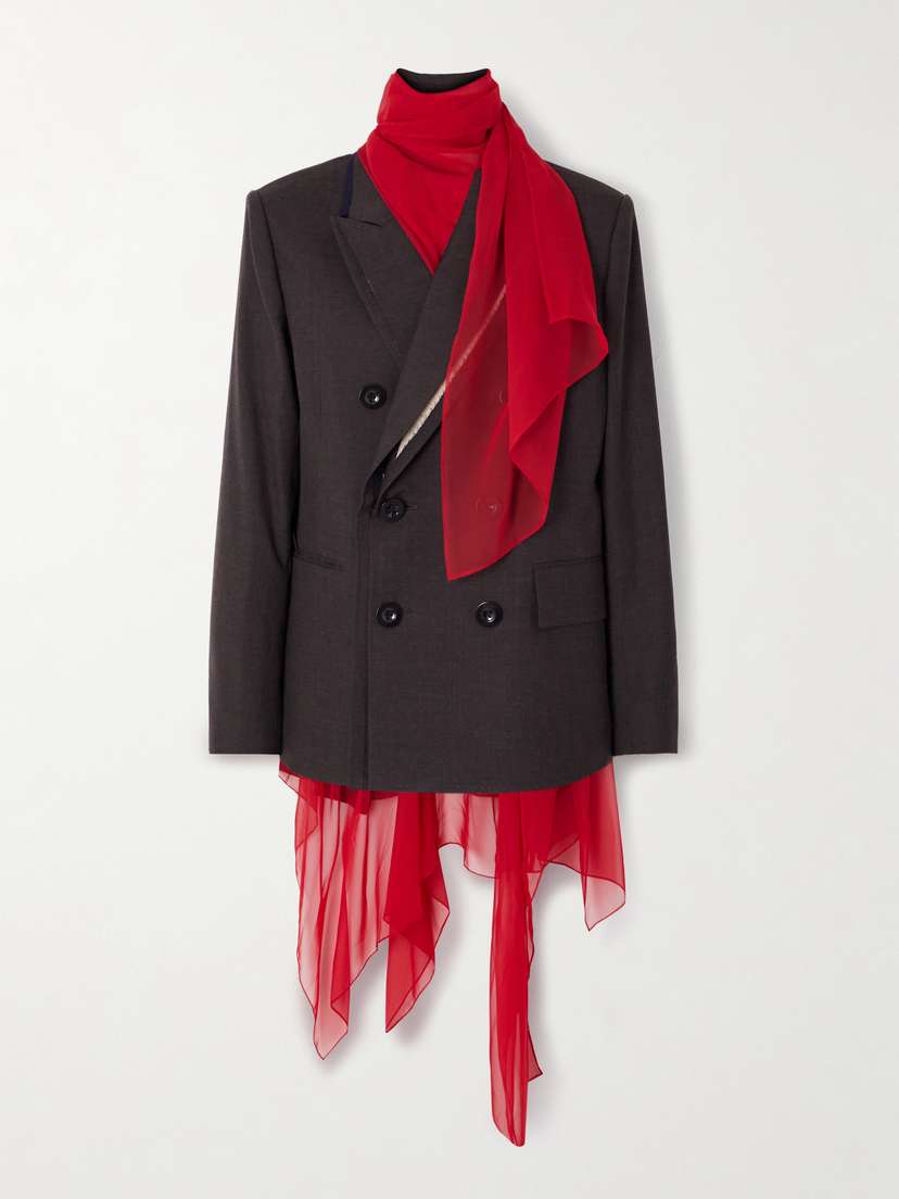 Sacai Double-breasted Chiffon-trimmed Wool Blazer